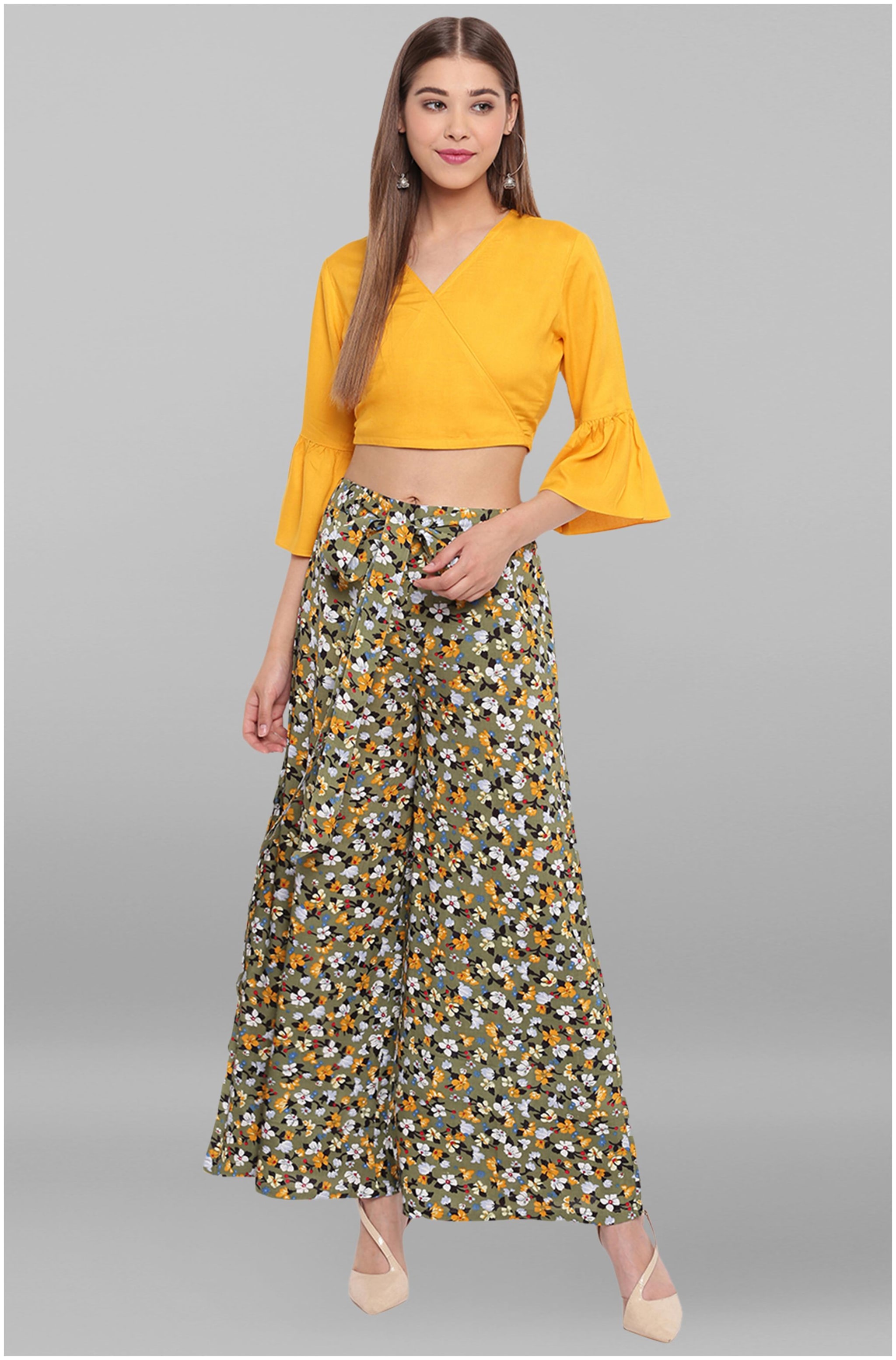 

Janasya Women s Mustard Green Rayon Crop Top With Palazzo Floral