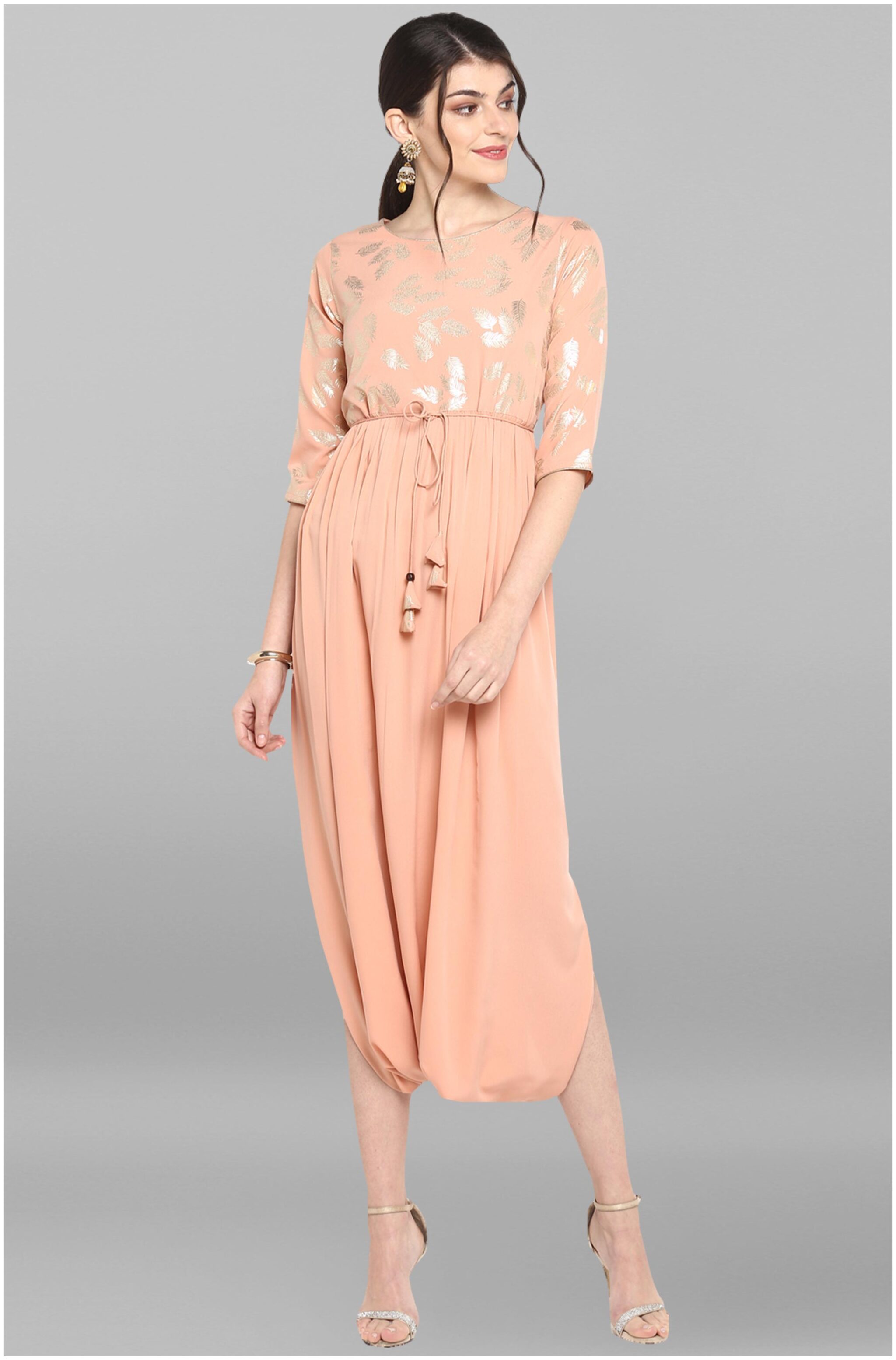 

Janasya Women Peach Printed Assymetrical Kurta