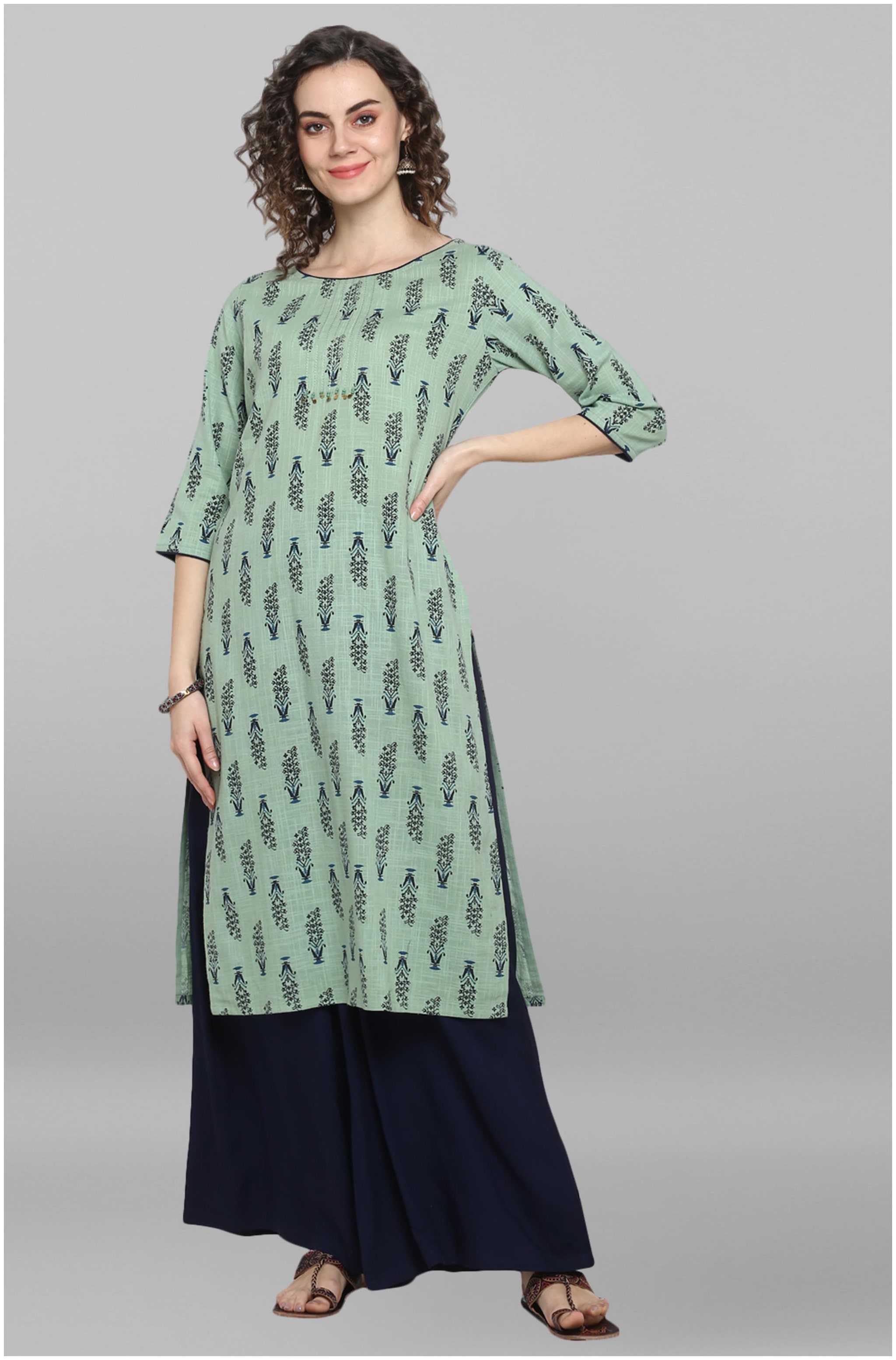

Janasya Women Viscose Rayon Printed Green Kurta With Palazzo