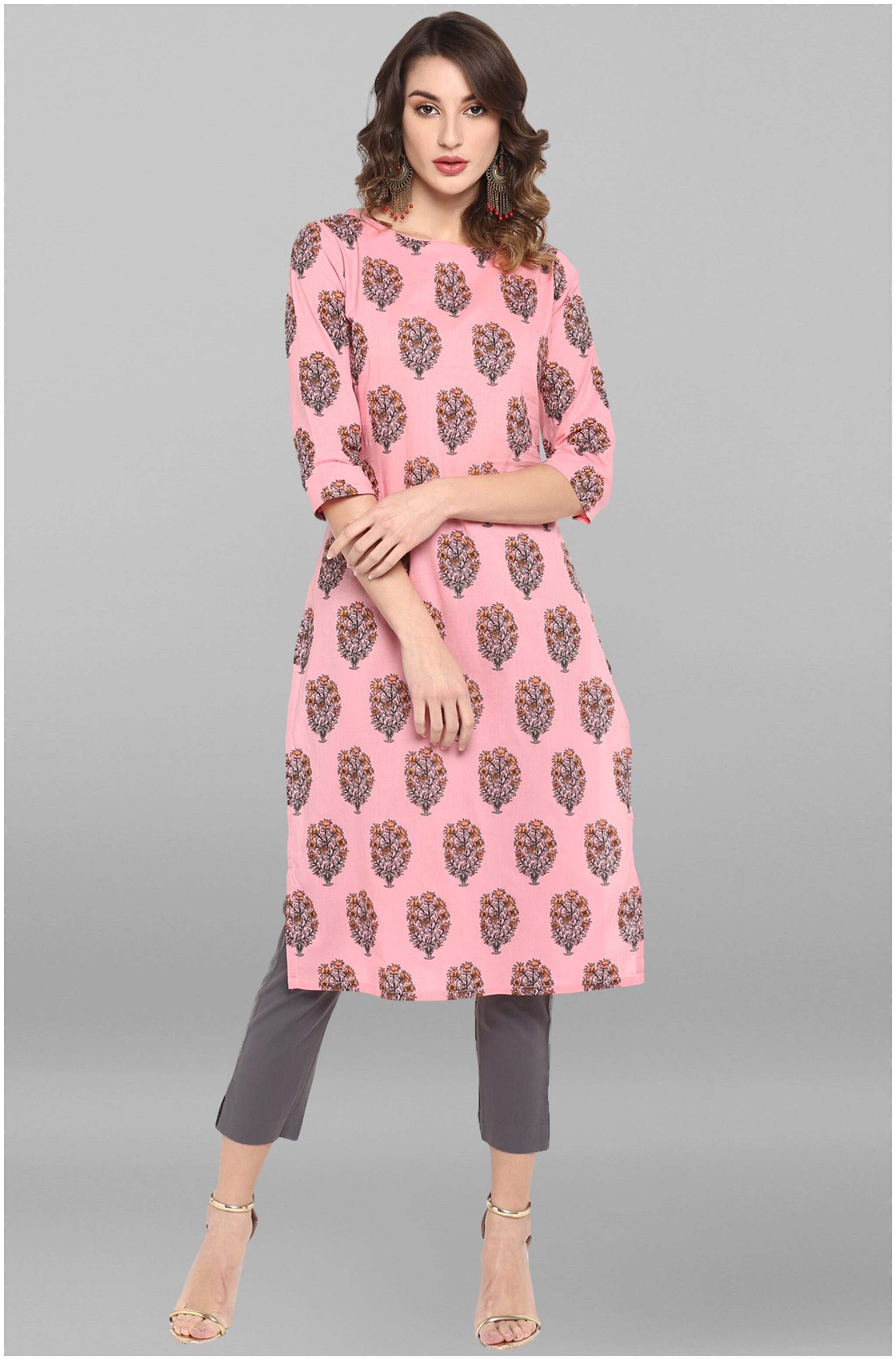 

Janasya Women Pink Floral Straight Kurta