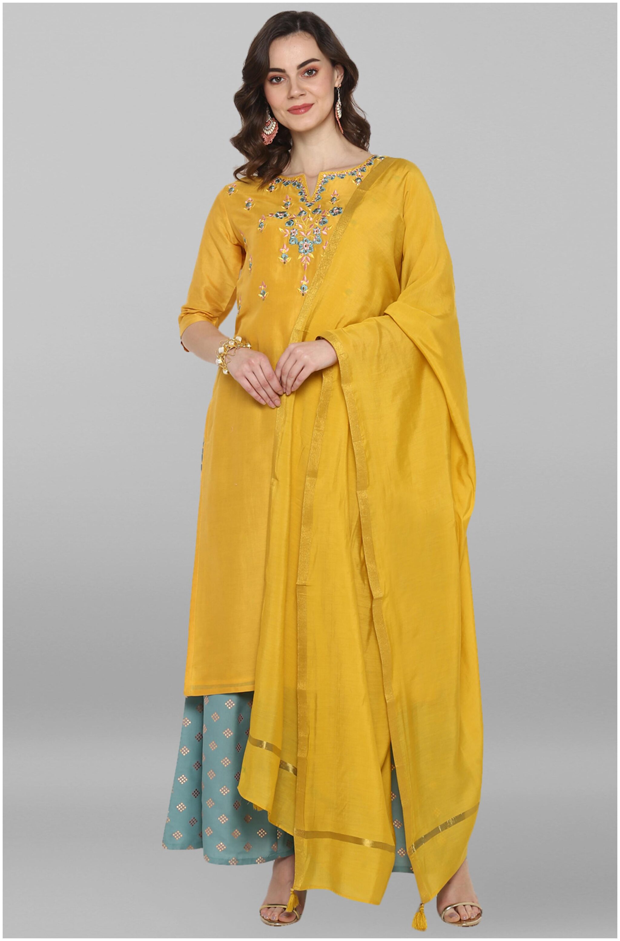 

Janasya Women Polyester Blend Embroidered Yellow Kurta With Palazzo With Dupatta