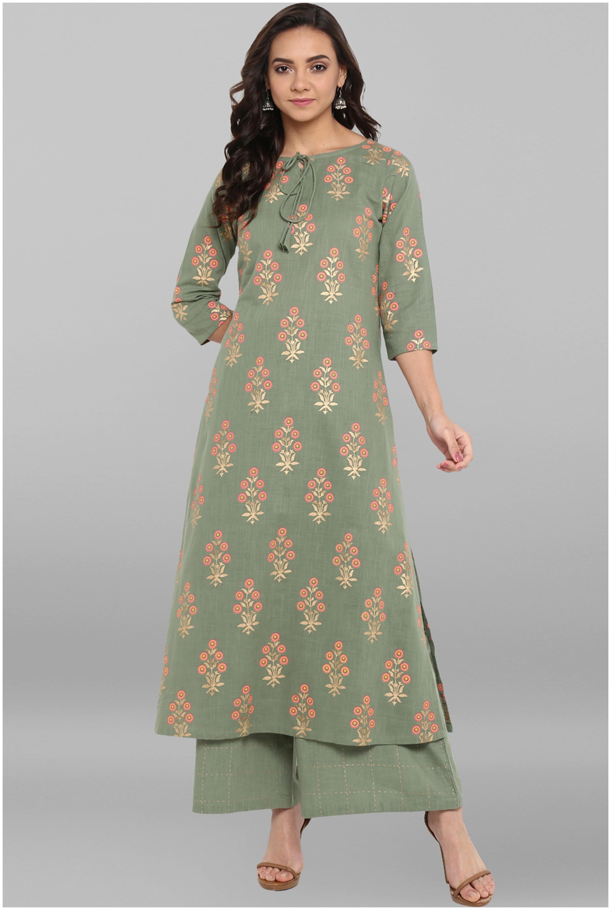 

Janasya Women Green Printed Straight Kurta With Palazzo