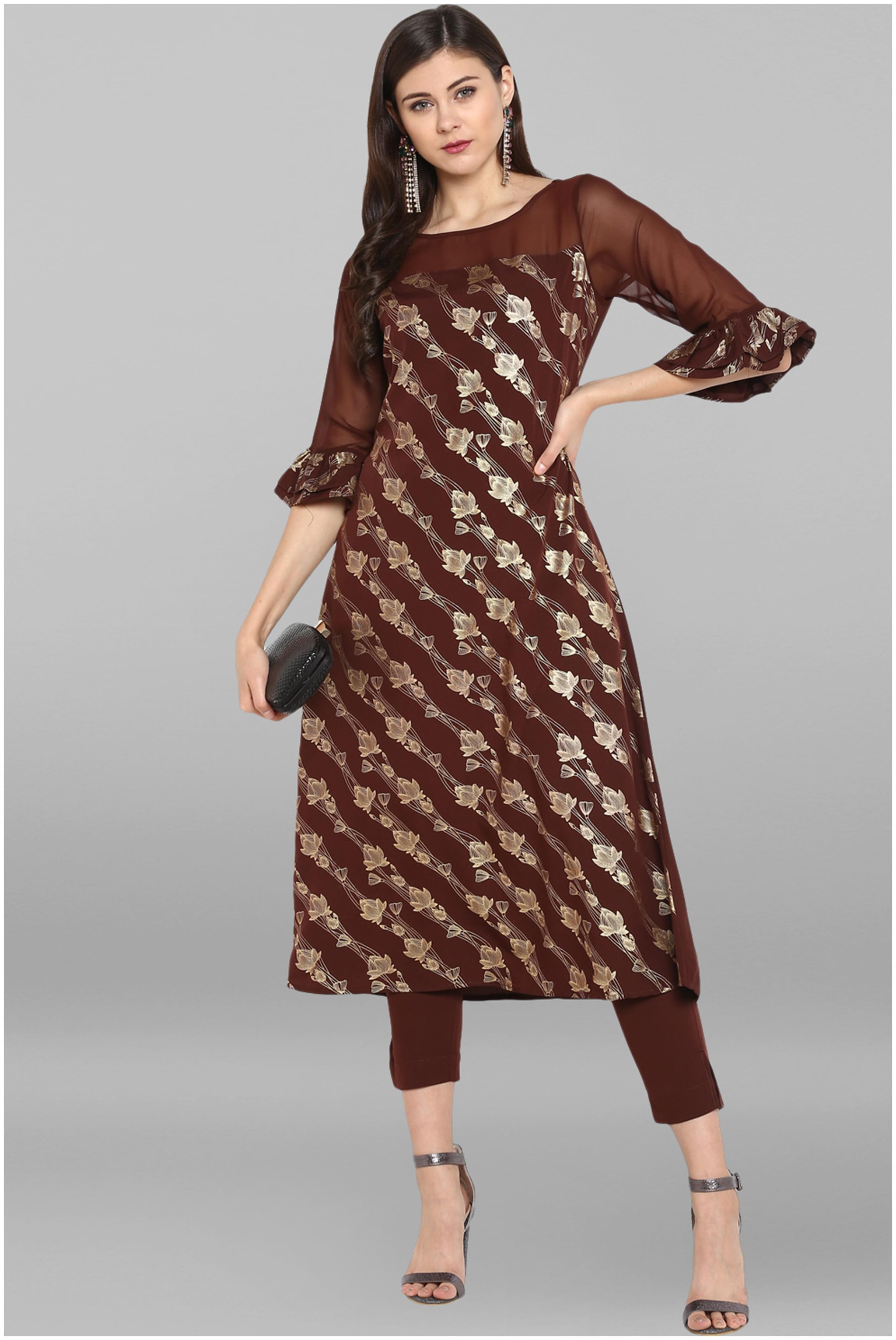 

Janasya Women Crepe Foil Print A-Line Kurta With Narrow Pant