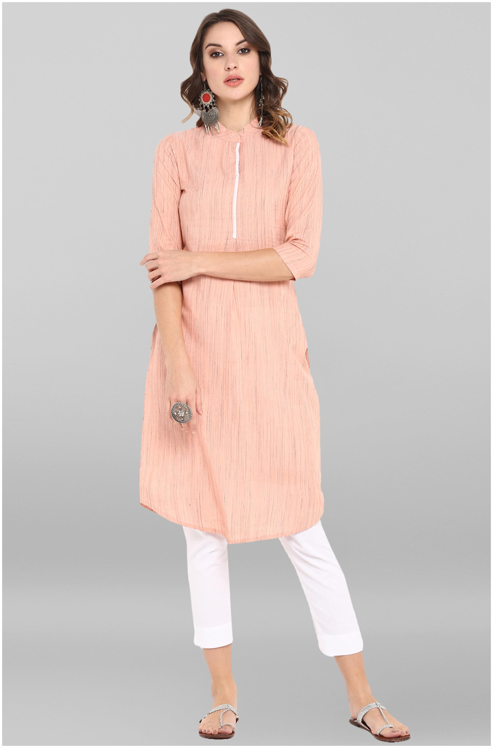 

Janasya Women Peach Solid Straight Kurta