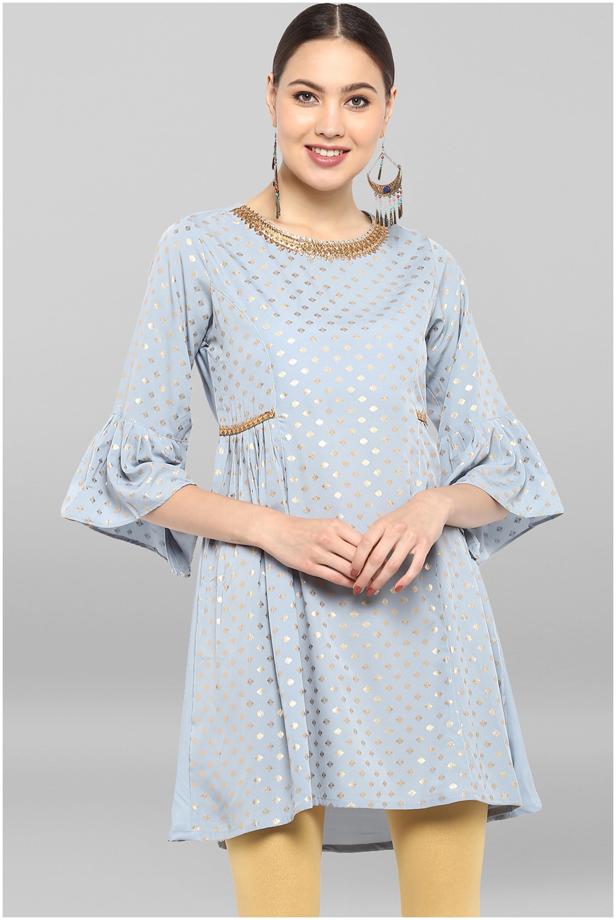 

Janasya Women s Grey Poly Crepe Sharara Style Kurti