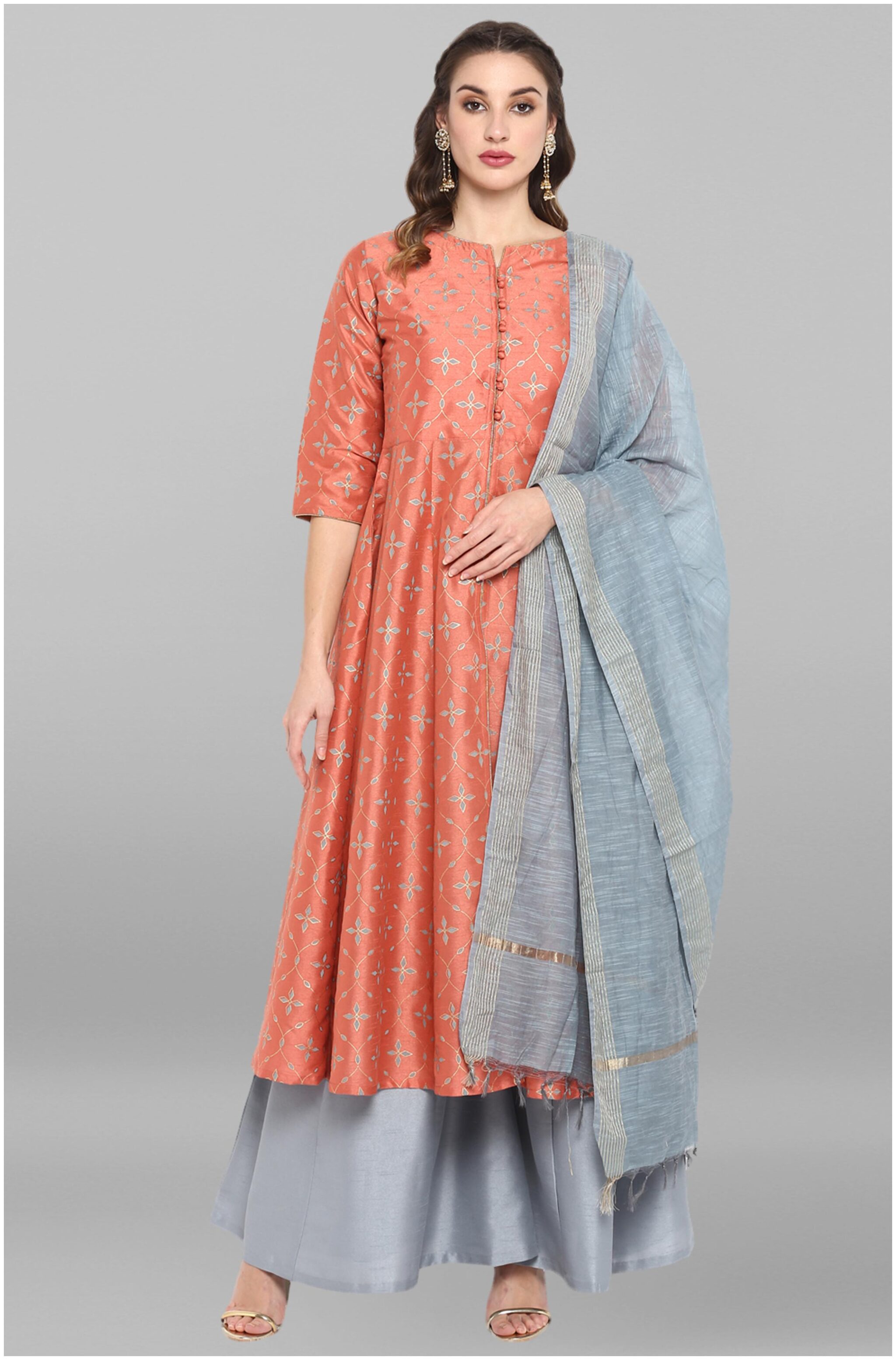 

Janasya Women Peach Printed Anarkali Kurta With Palazzo And Dupatta