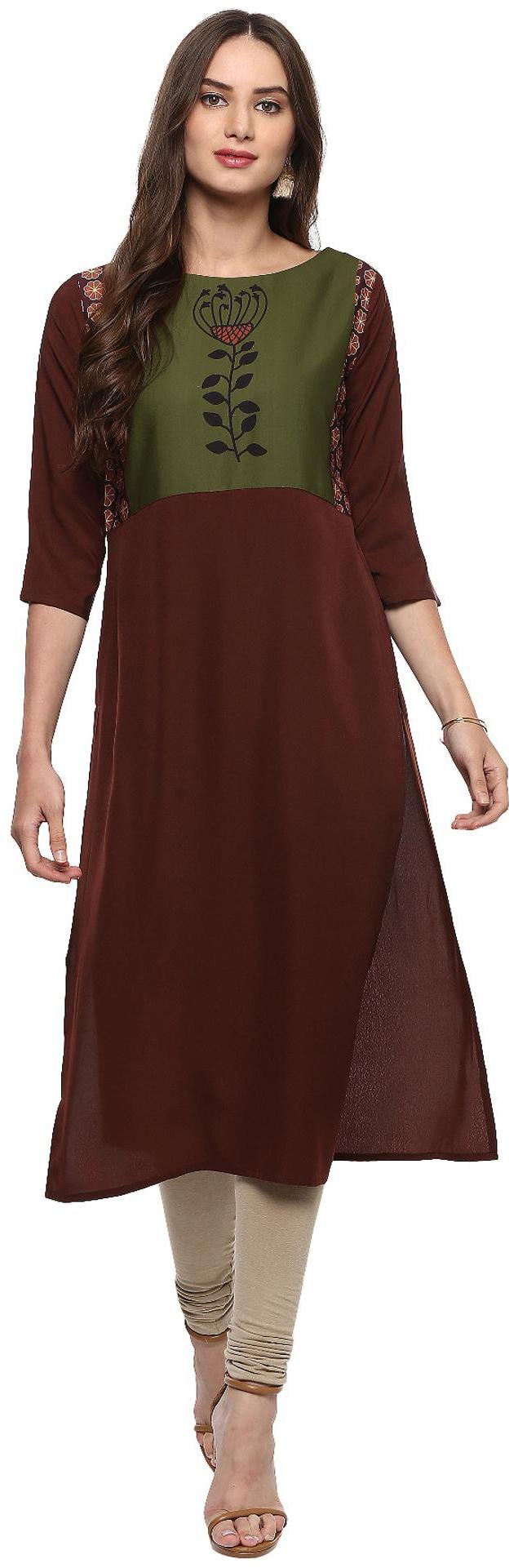 

Janasya Women Brown Colorblocked Straight Kurta