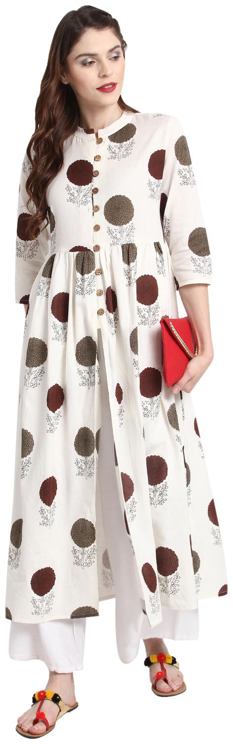 

Janasya Women Cotton Printed A Line Kurta Beige