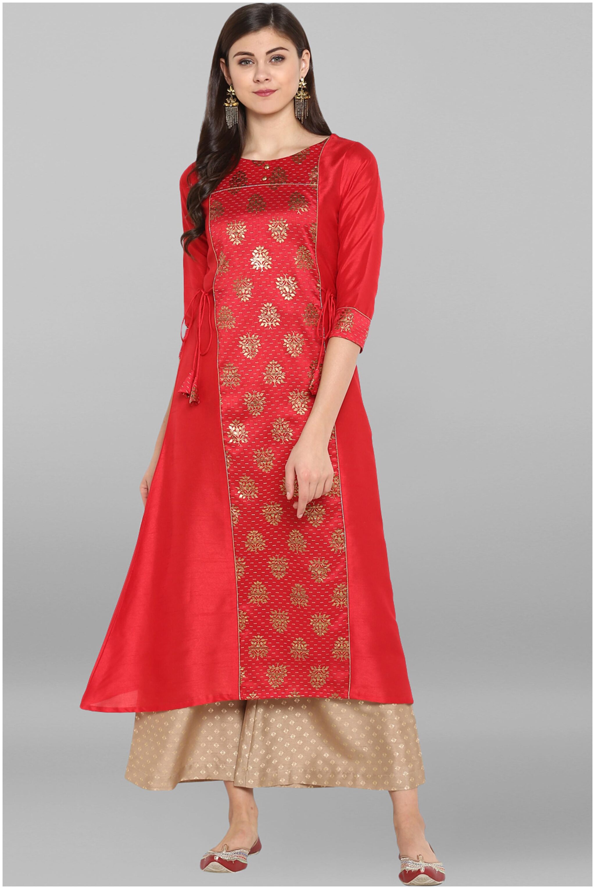 

Janasya Women Crepe Printed A-Line Kurta With Palazzo Red
