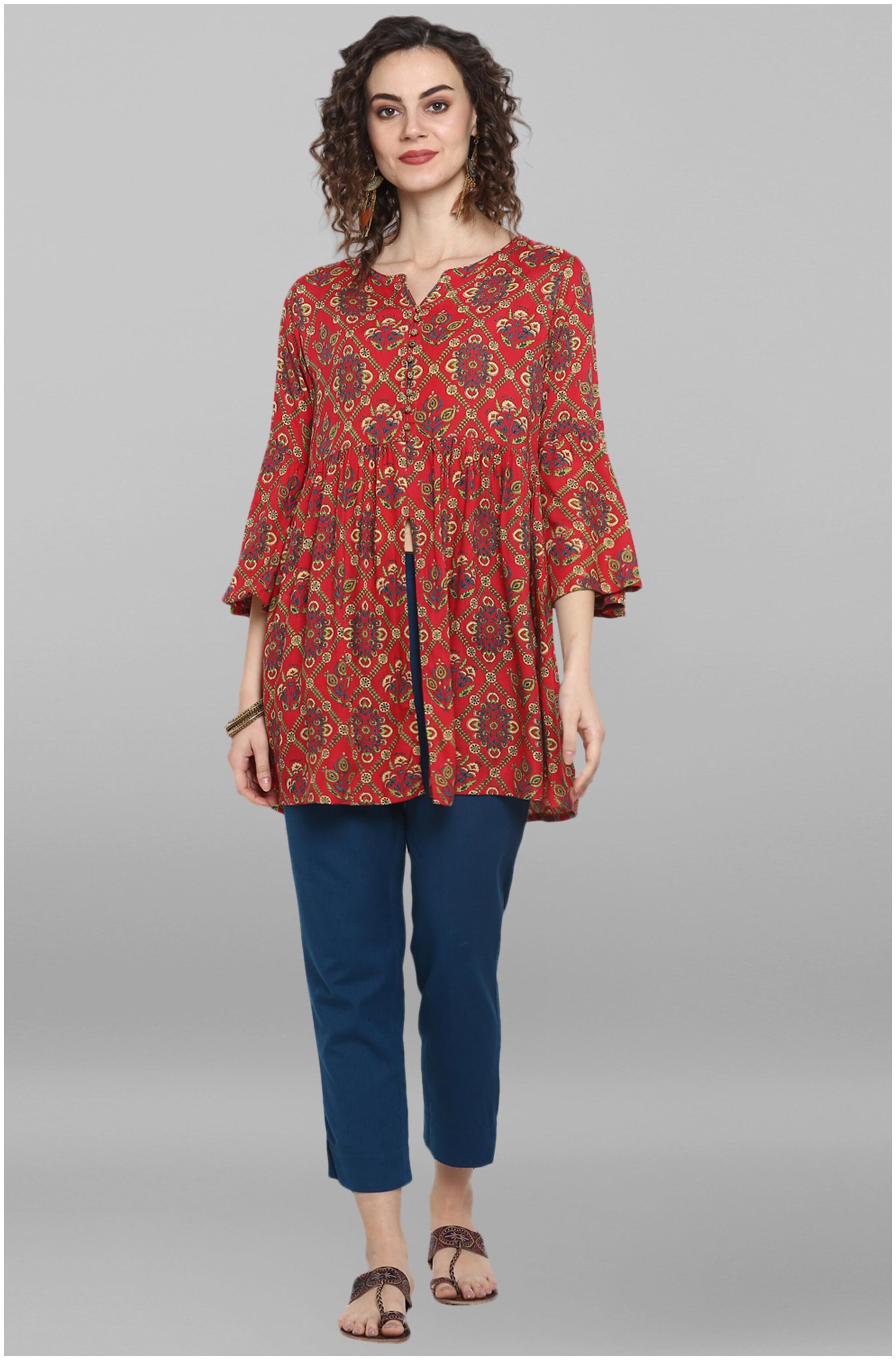 

Janasya Women Red Viscose Rayon Floral Tops