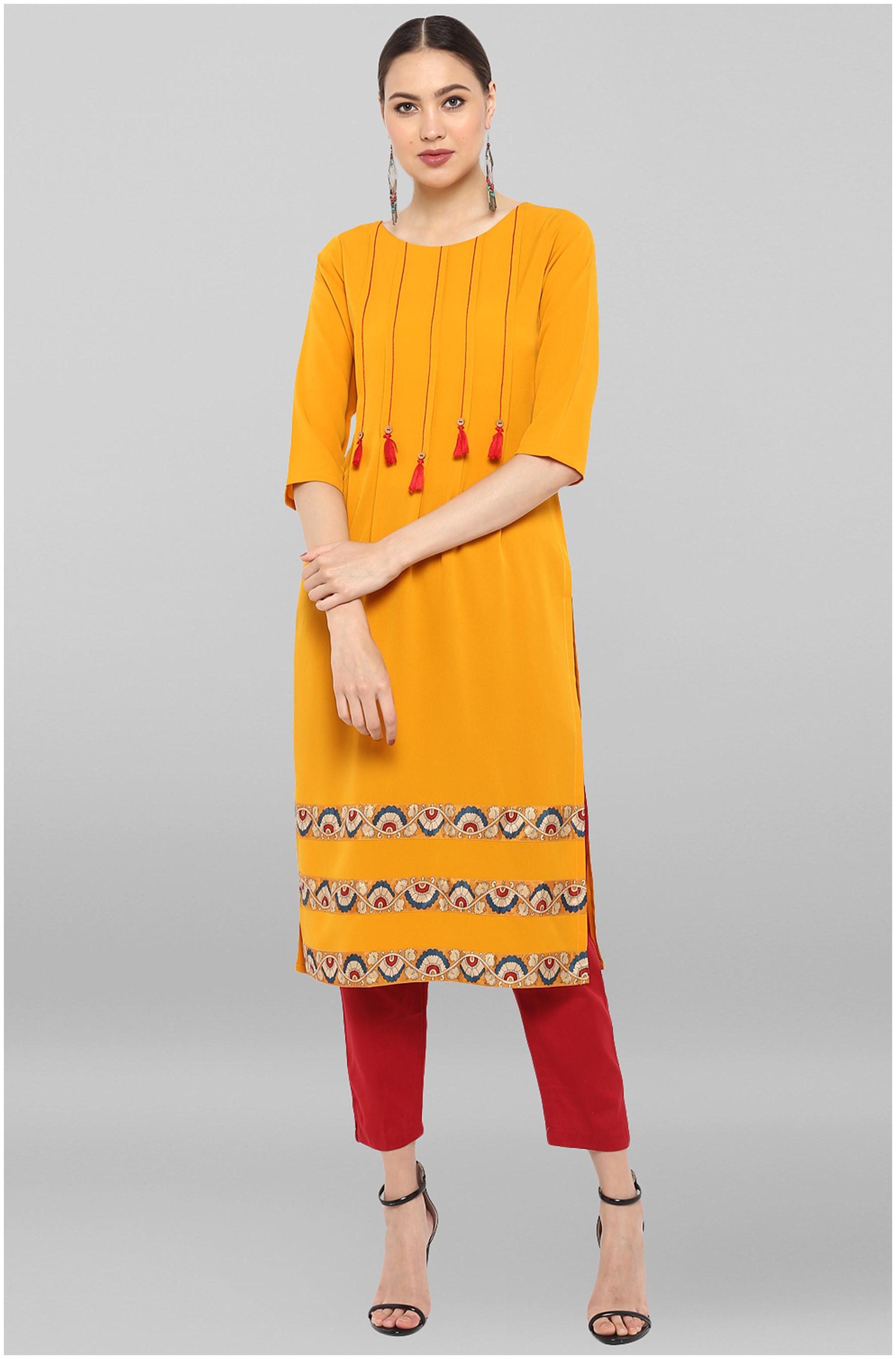 

Janasya Women Mustard Printed Straight Kurta