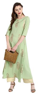 

Janasya Women s Crepe A-Line Gold Foil Print Kurta