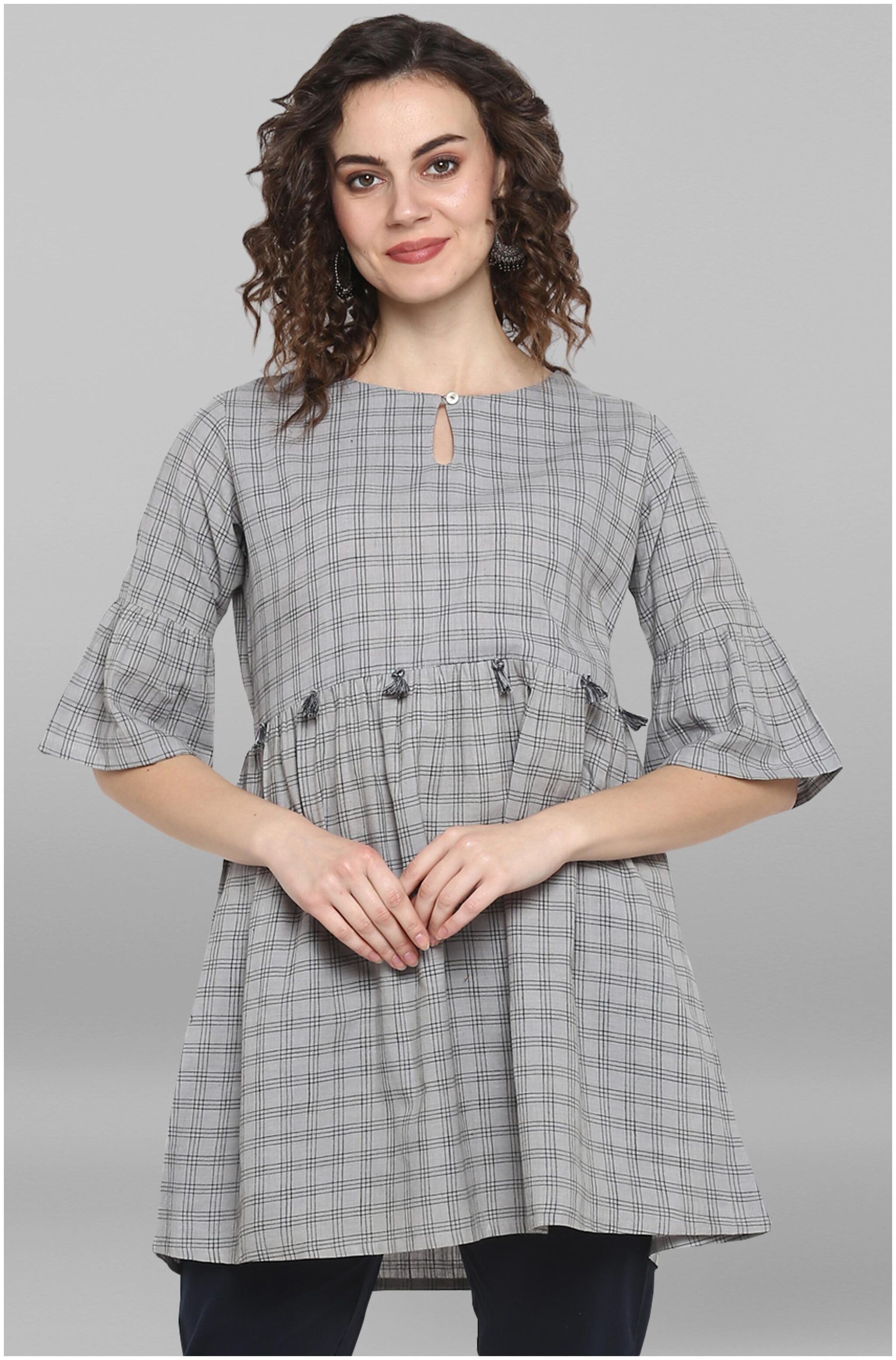 

Janasya Women Checked Regular top - Grey