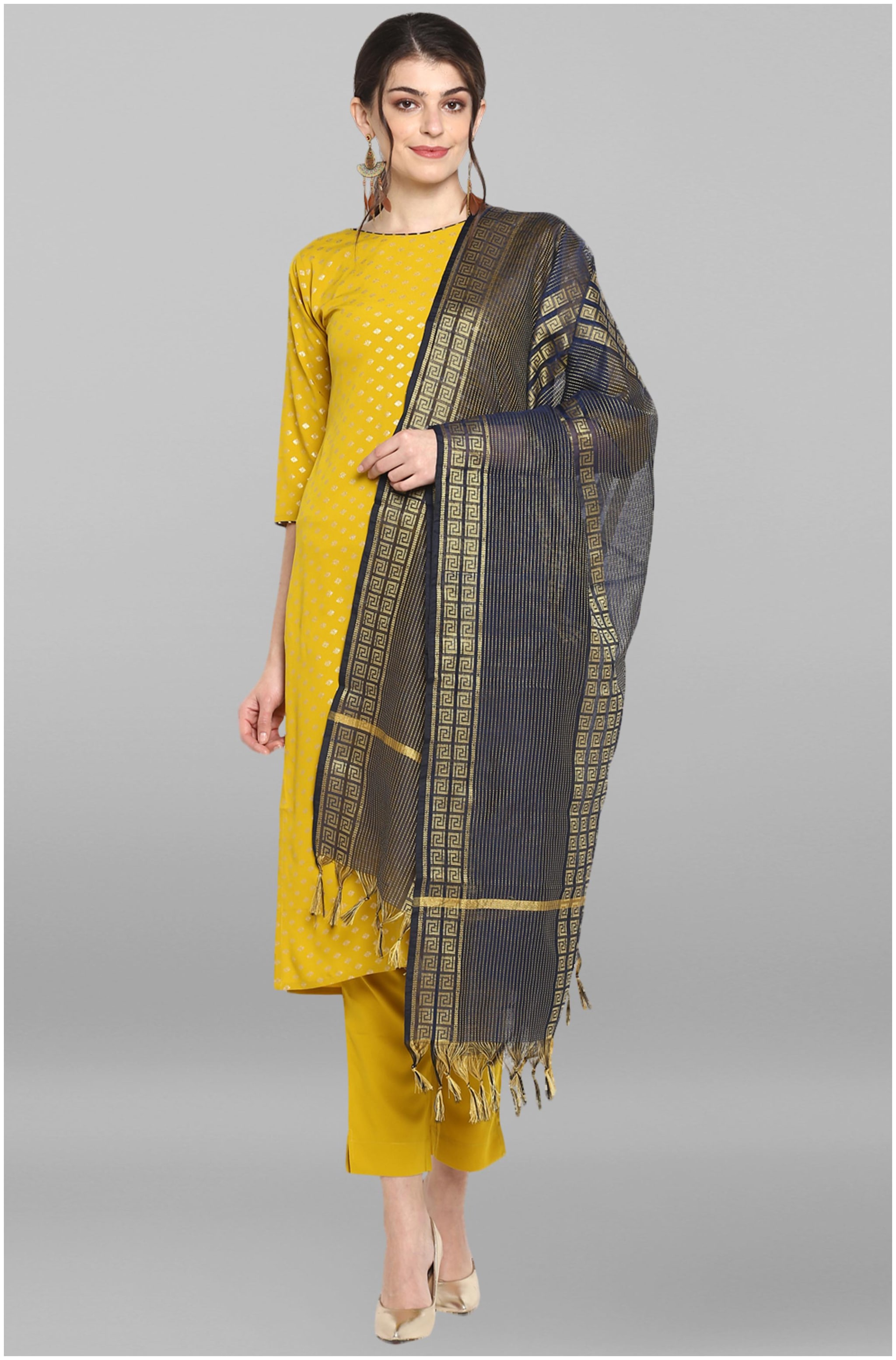 

Janasya Women Mustard Ethnic Motifs Straight Kurta With Pants And Dupatta
