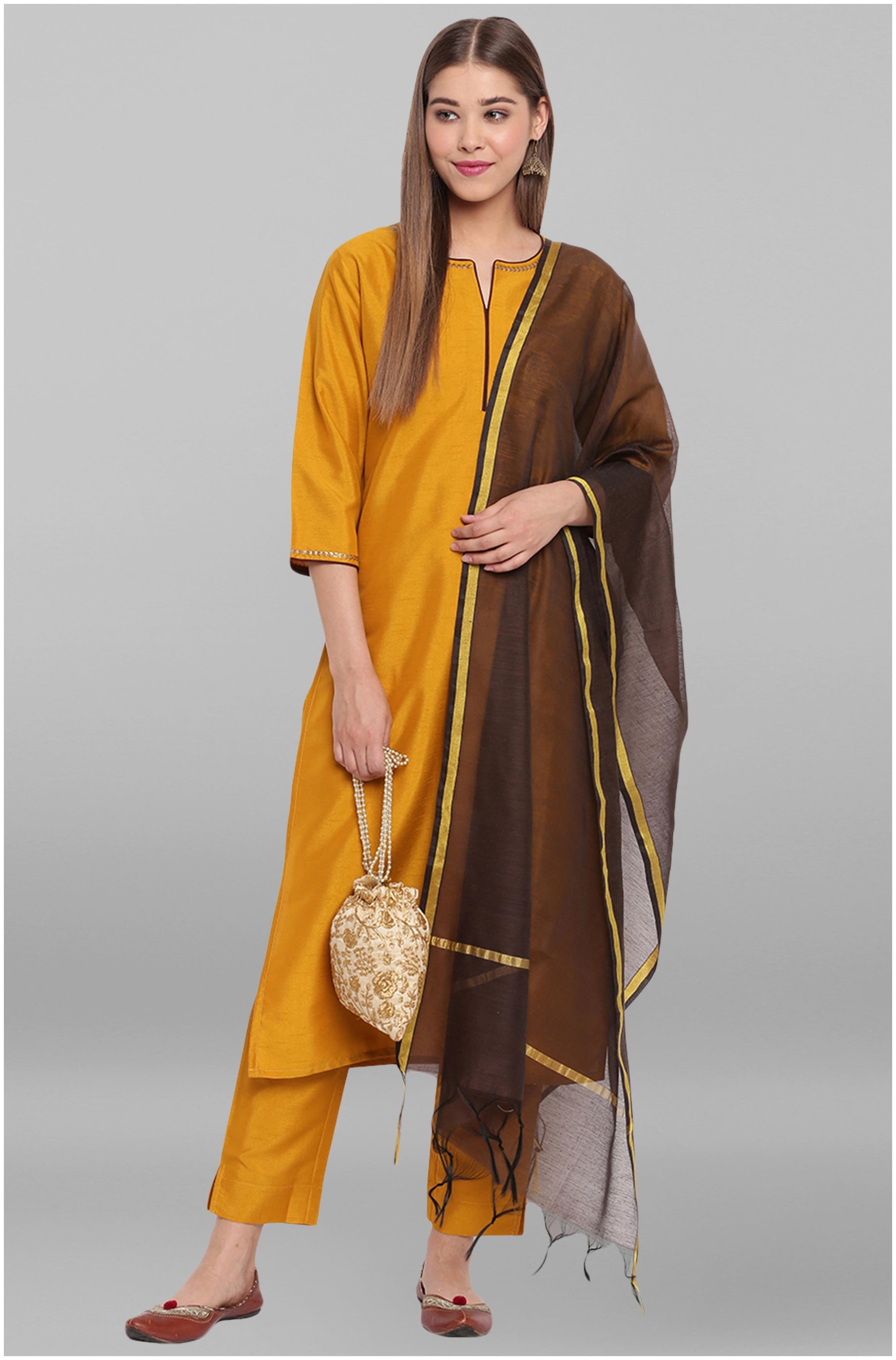 

Janasya Women Mustard Solid Straight Kurta With Pants And Dupatta