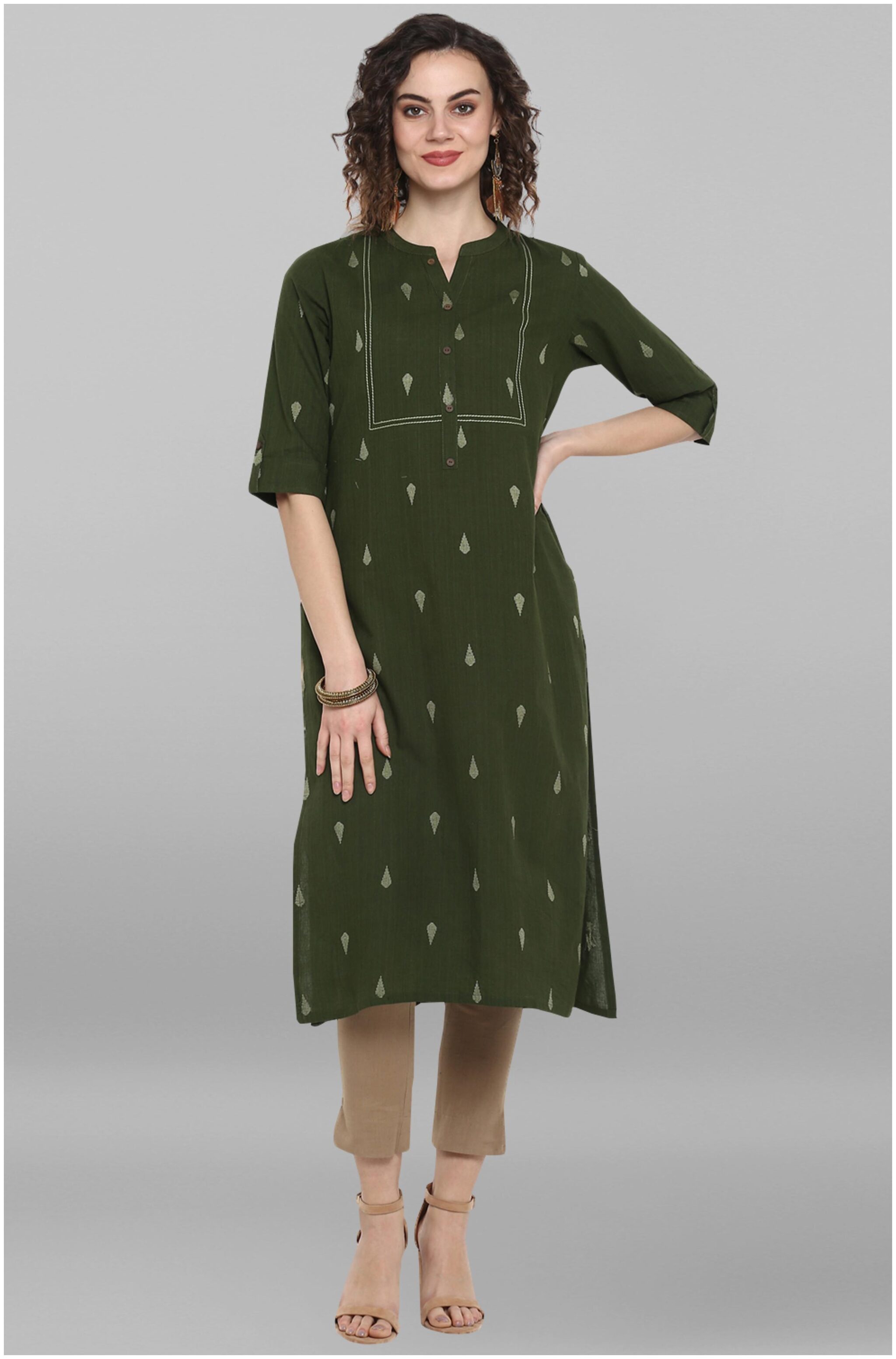 

Janasya Women Green Printed Straight Kurta