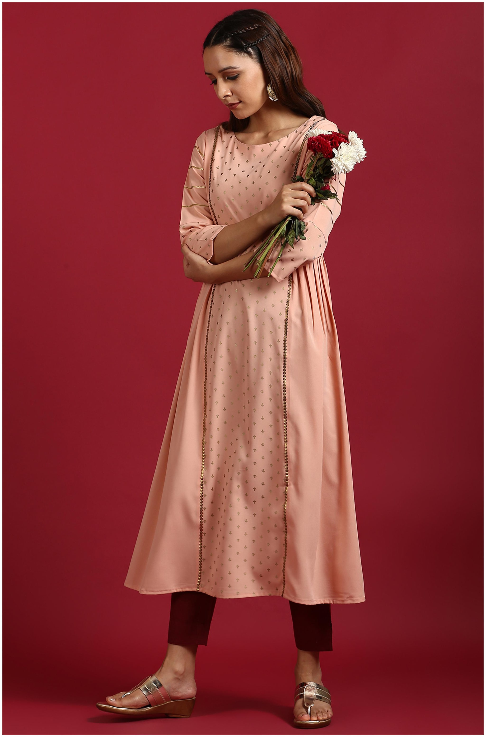 

Janasya Women Peach Embroidered Fit and Flare Kurta