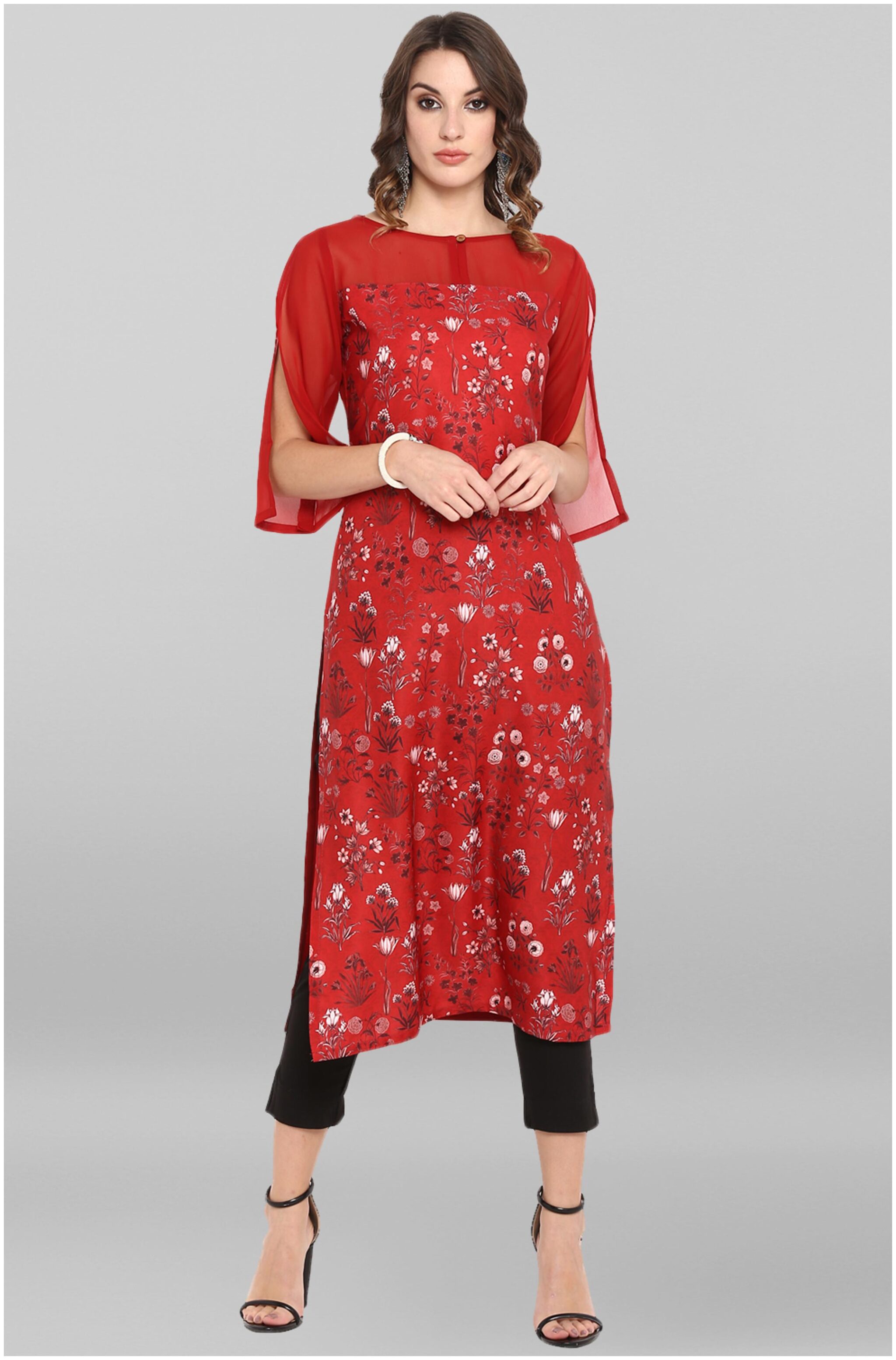 

Janasya Women Red Floral Straight Kurta