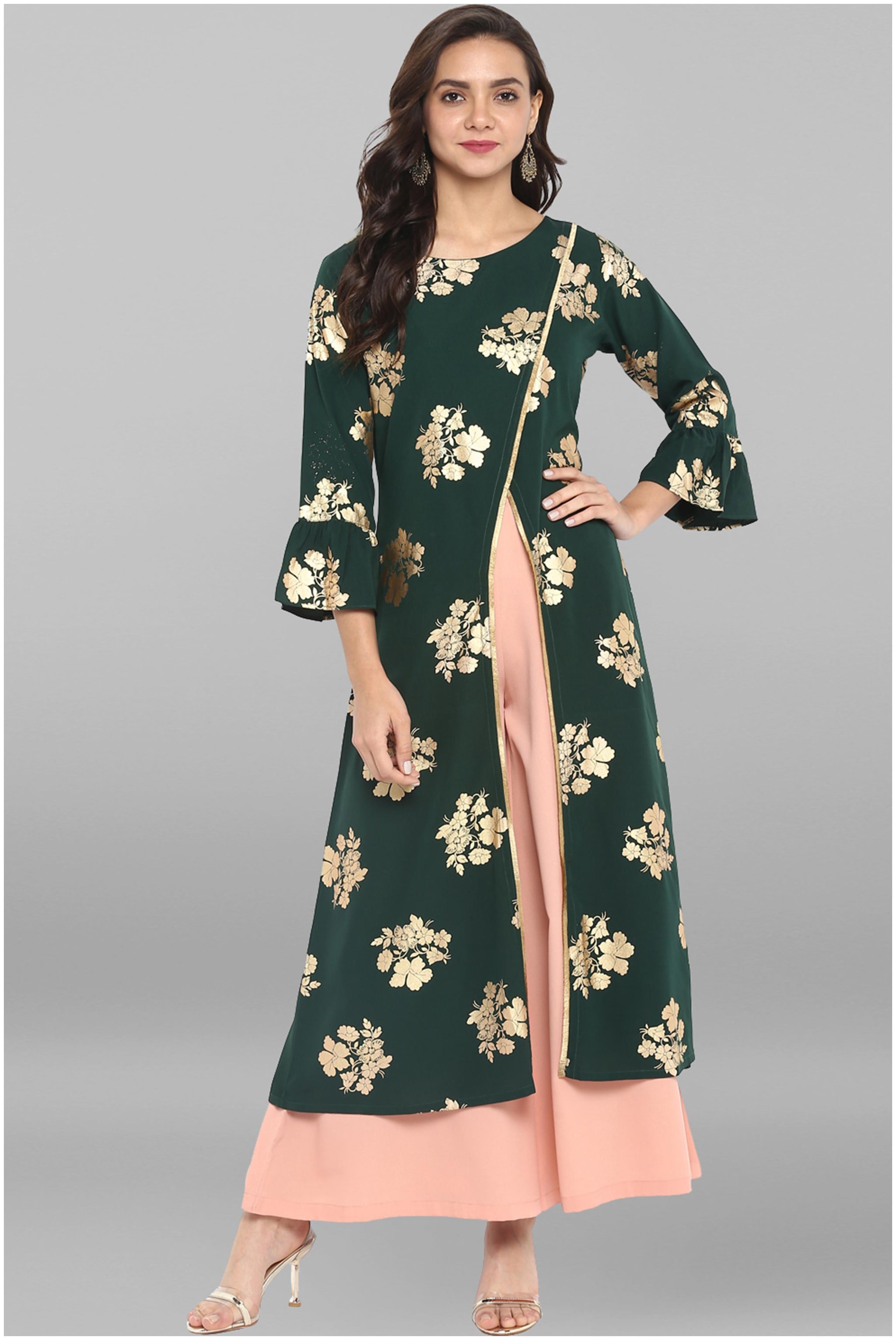 

Janasya Women Green Crepe Kurta With Palazzo