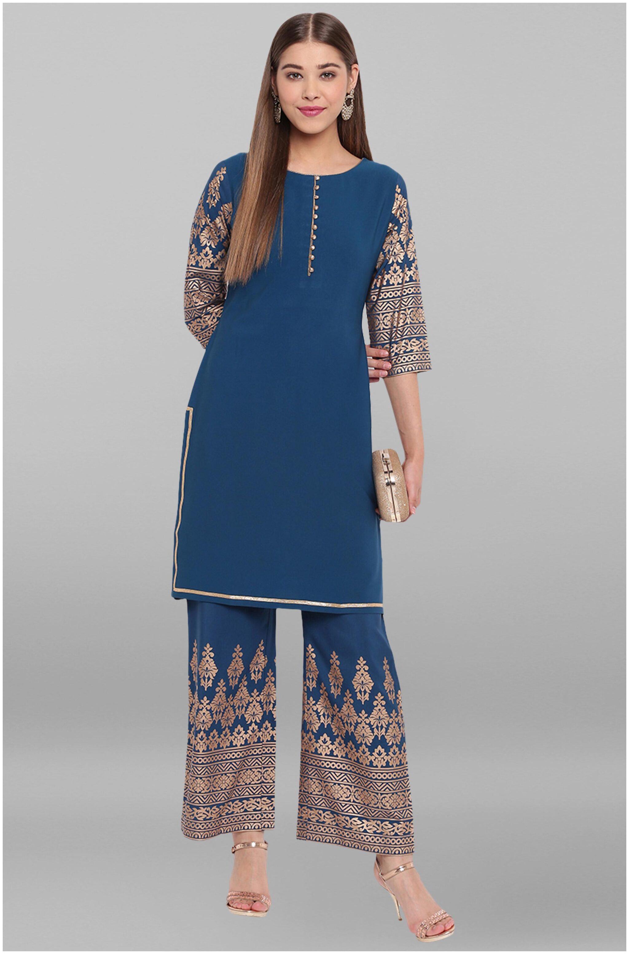 

Janasya Women Blue Printed Straight Kurti With Palazzo