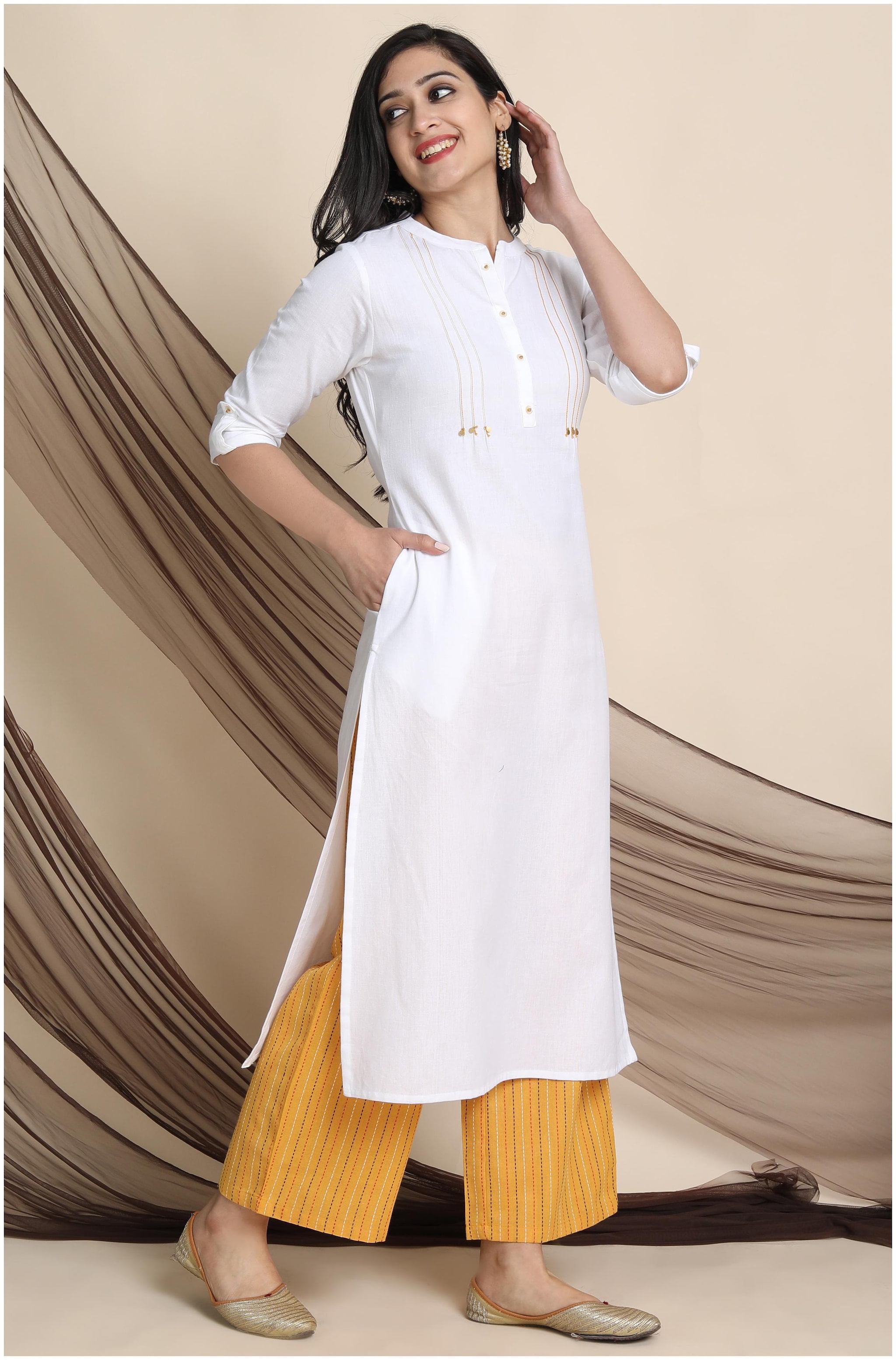 

Janasya Women White Yellow Solid Straight Kurta With Palazzo