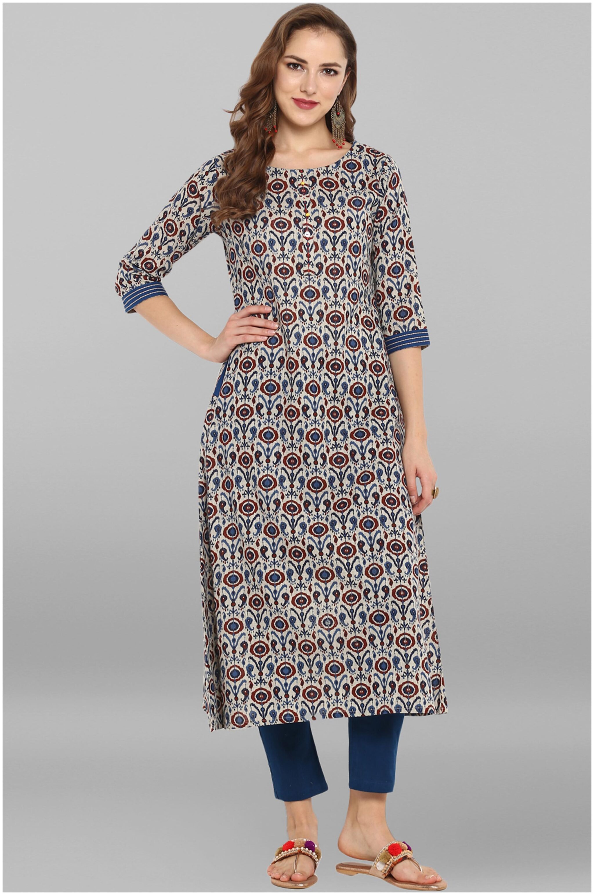 

Janasya Women s Cotton Printed A-Line Kurta With Narrow Pant