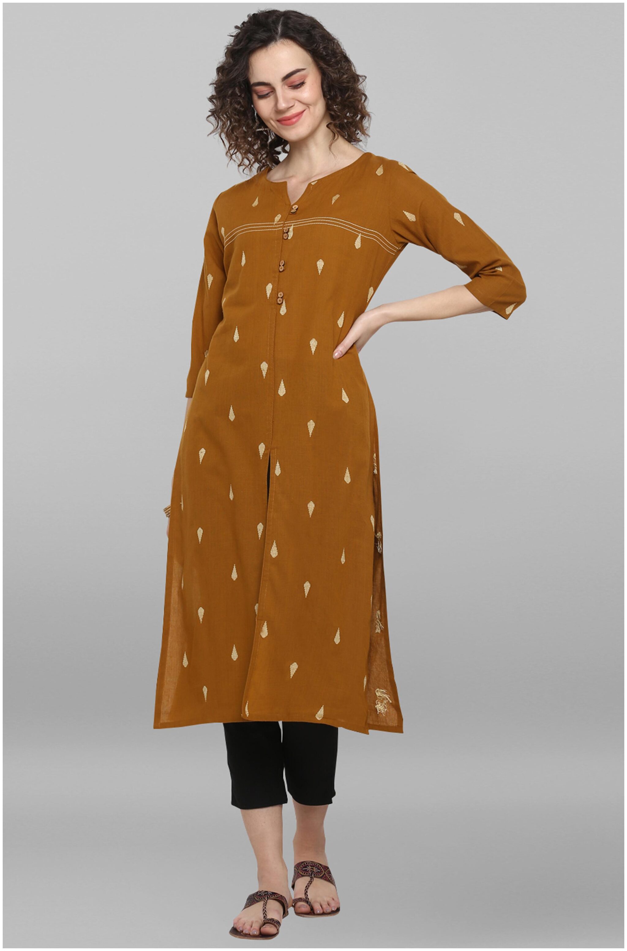 

Janasya Women Brown Printed Straight Kurta