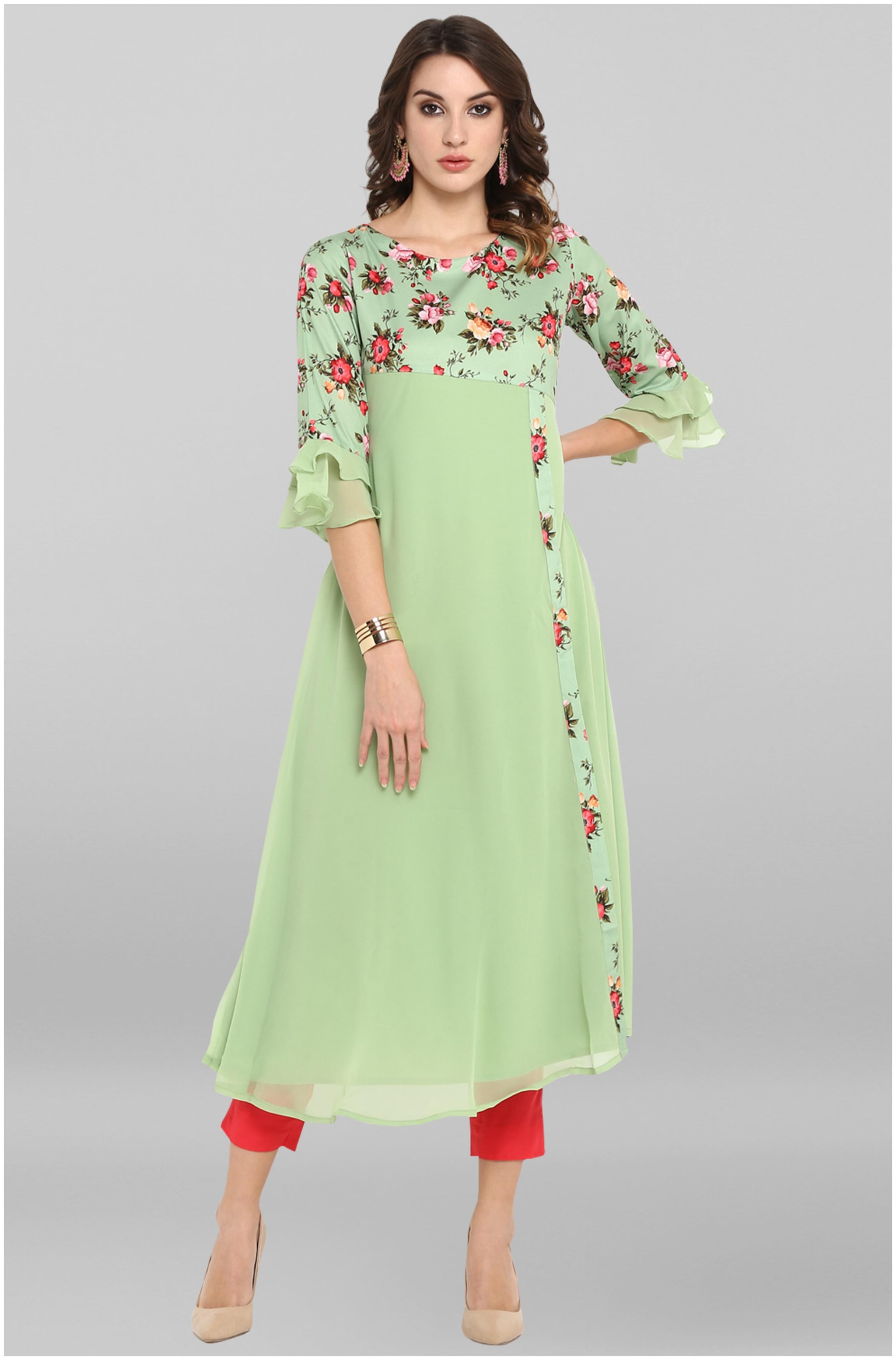

Janasya Women Light Green Poly Crepe Kurta