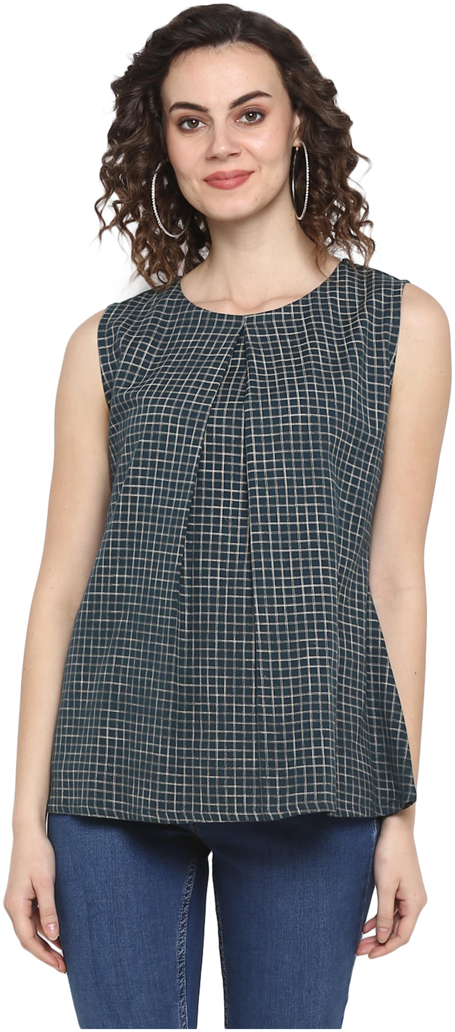 

Janasya Women Checked Regular top - Green
