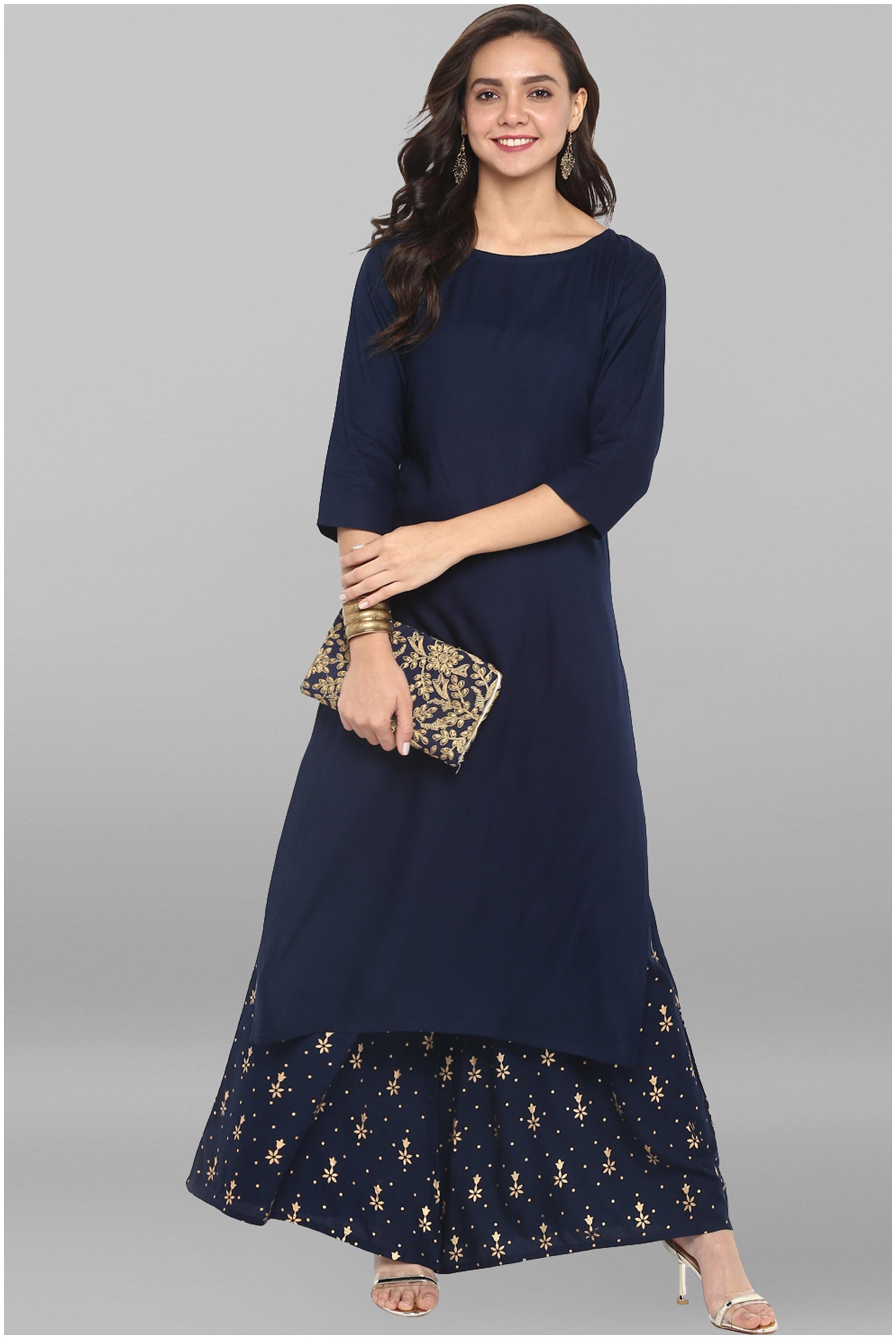 

Janasya Women Blue Solid Straight Kurta With Palazzo
