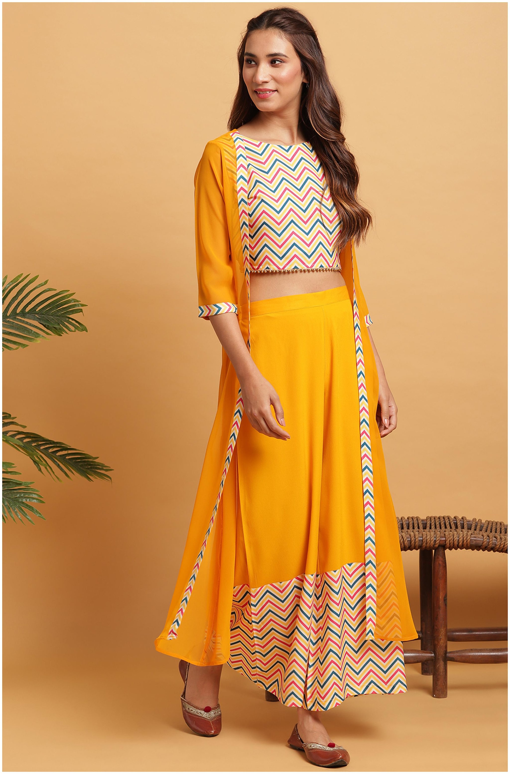 

Janasya Women Crepe Geometric Crop Top Jacket and Palazzo Set (Yellow)