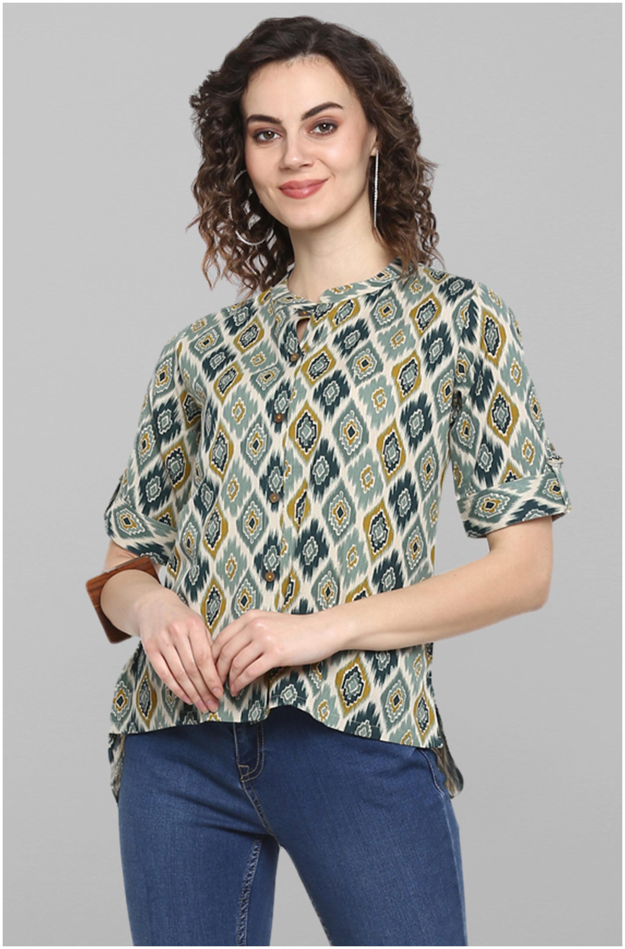 

Janasya Women Turquoise Cotton Ethnic Motifs Tops