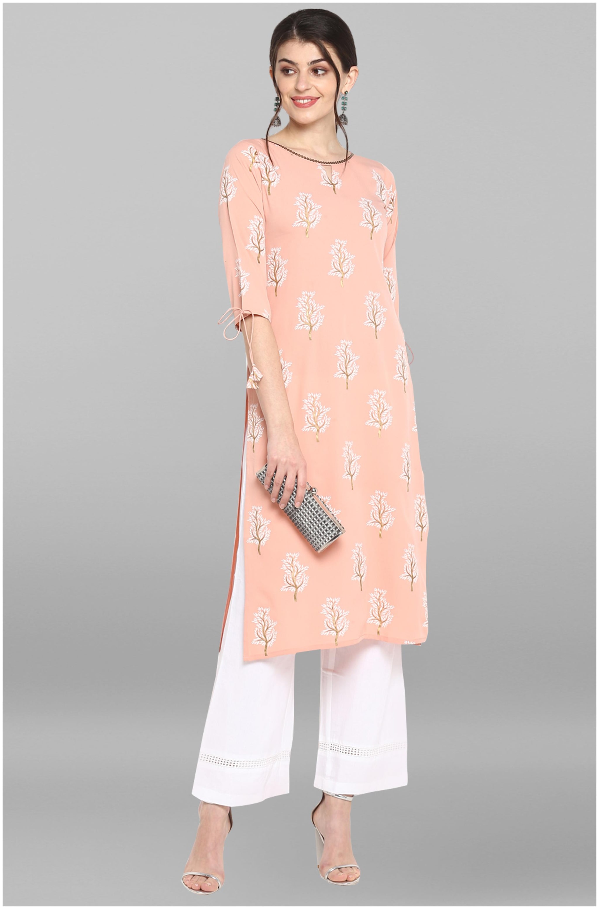 

Janasya Women Peach Printed Straight Kurta