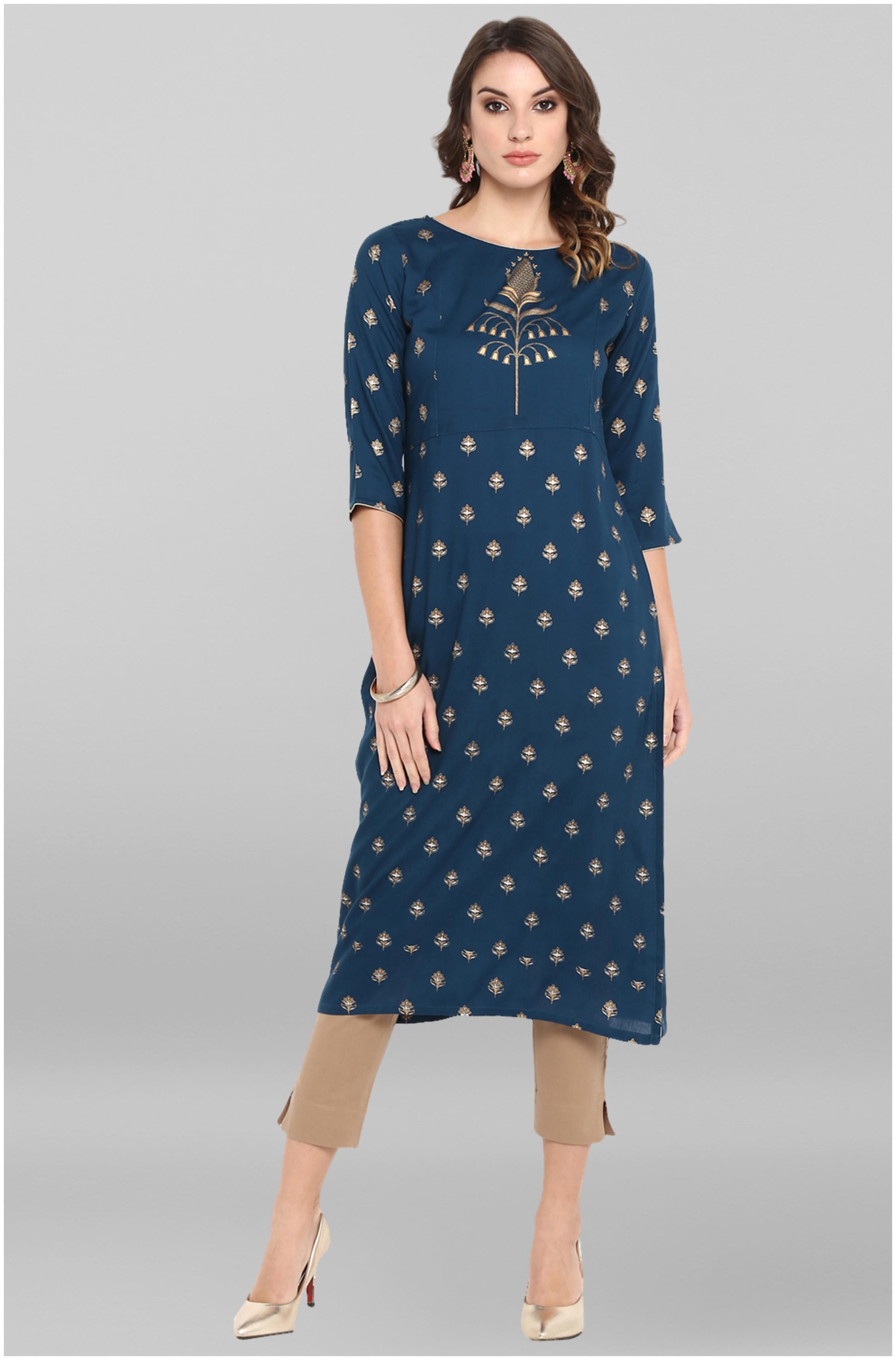 

Janasya Women Turquoise Printed Straight Kurta With Pants