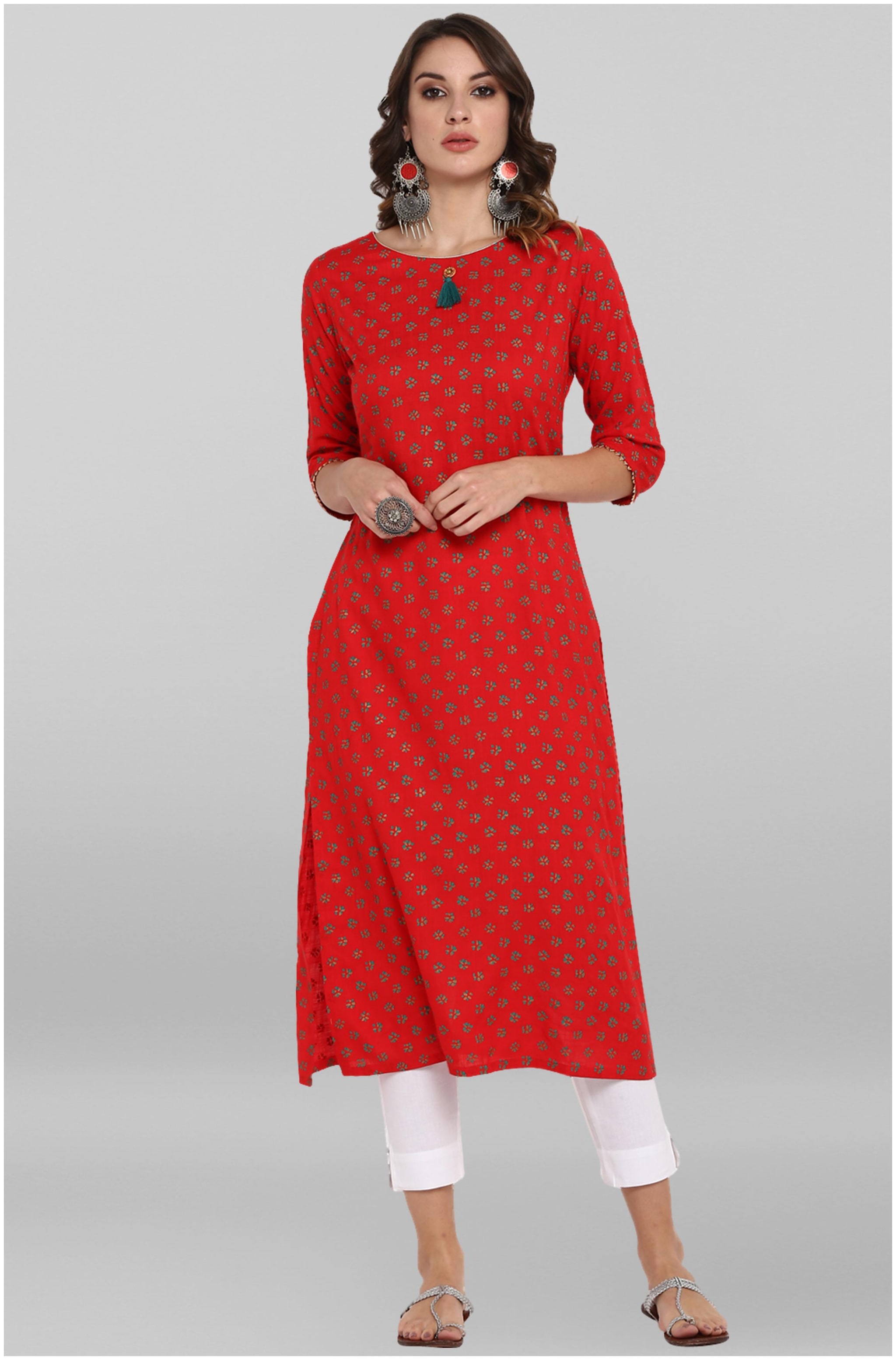 

Janasya Women Red Printed Straight Kurta With Pants