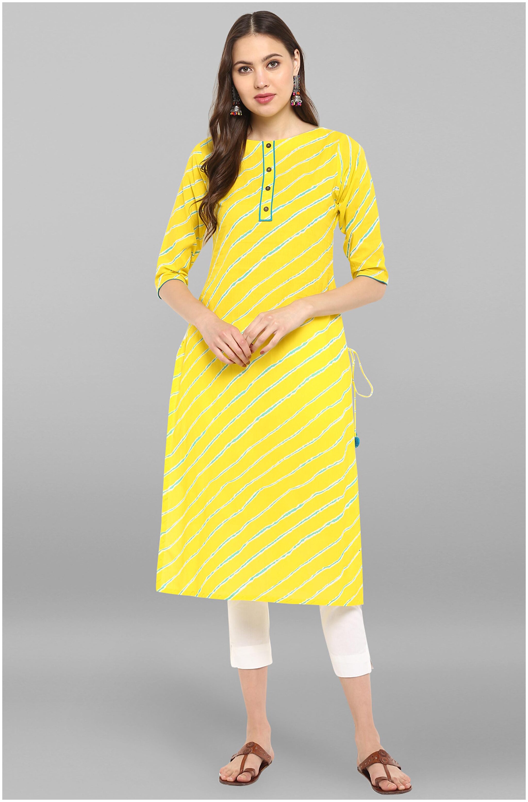 

Janasya Women Yellow Printed Straight Kurta With Pants