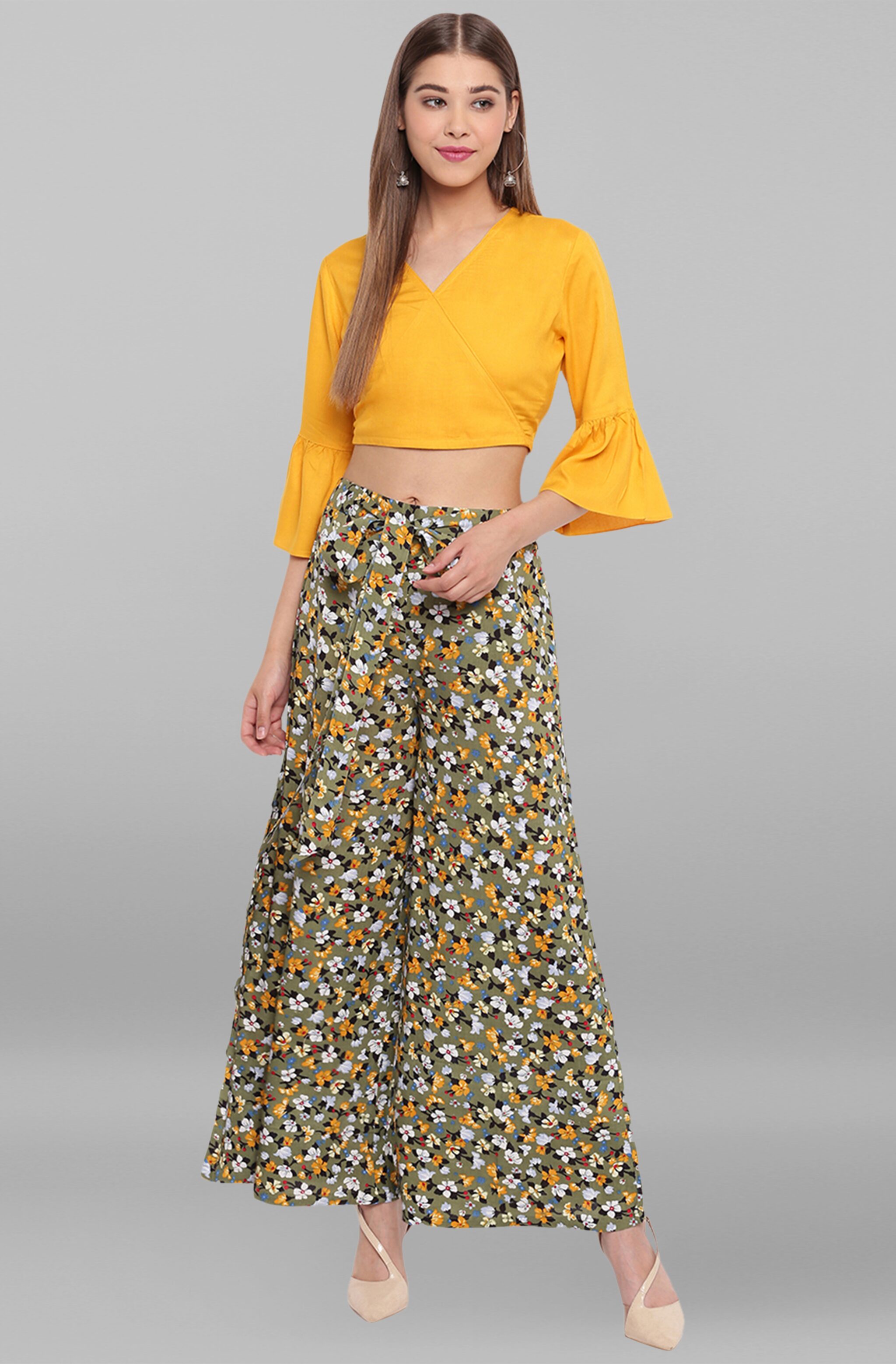 

Janasya Women Viscose Rayon Solid Mustard Top With Palazzo