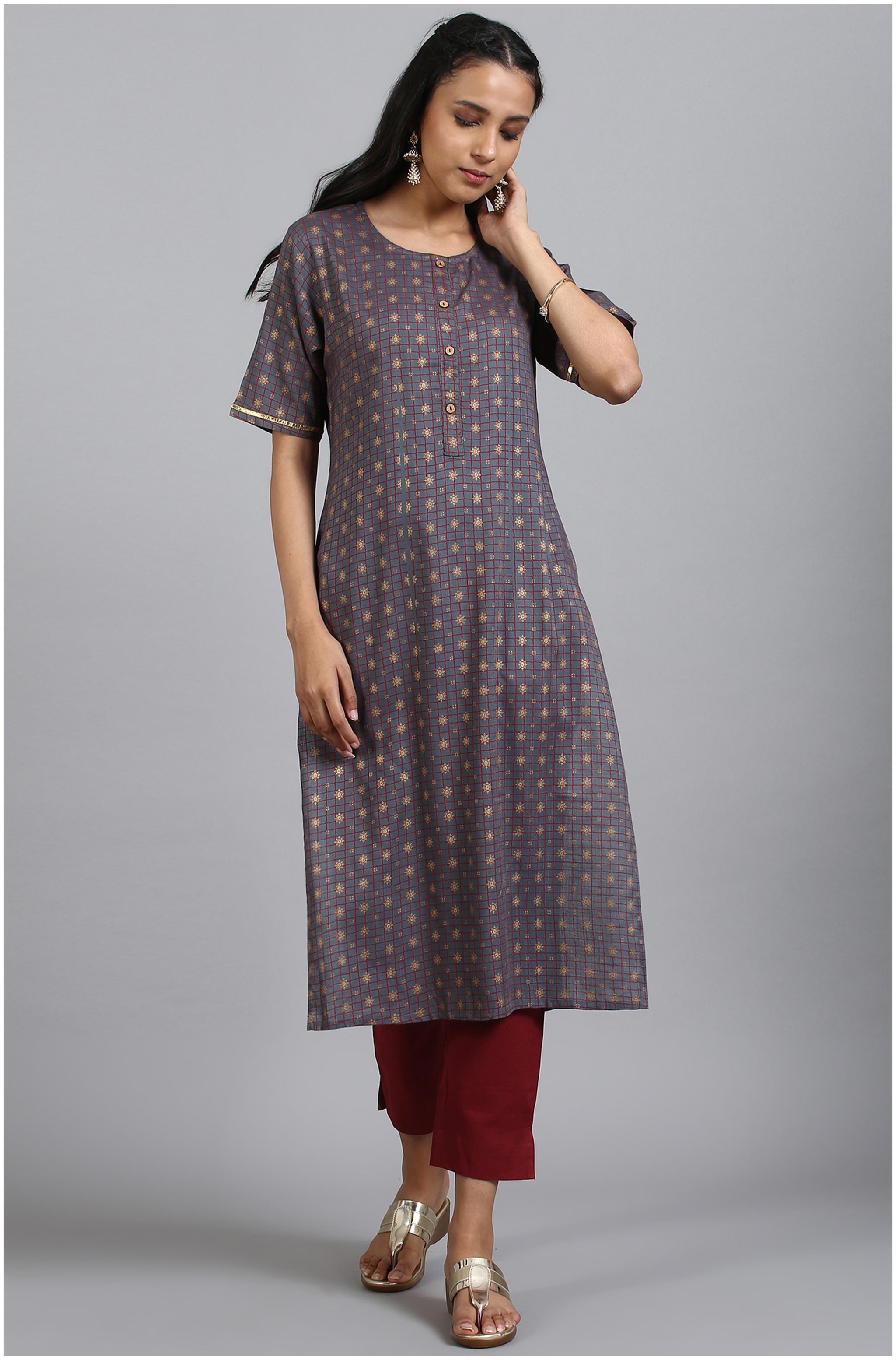 

Janasya Women Grey Checkered Straight Kurta