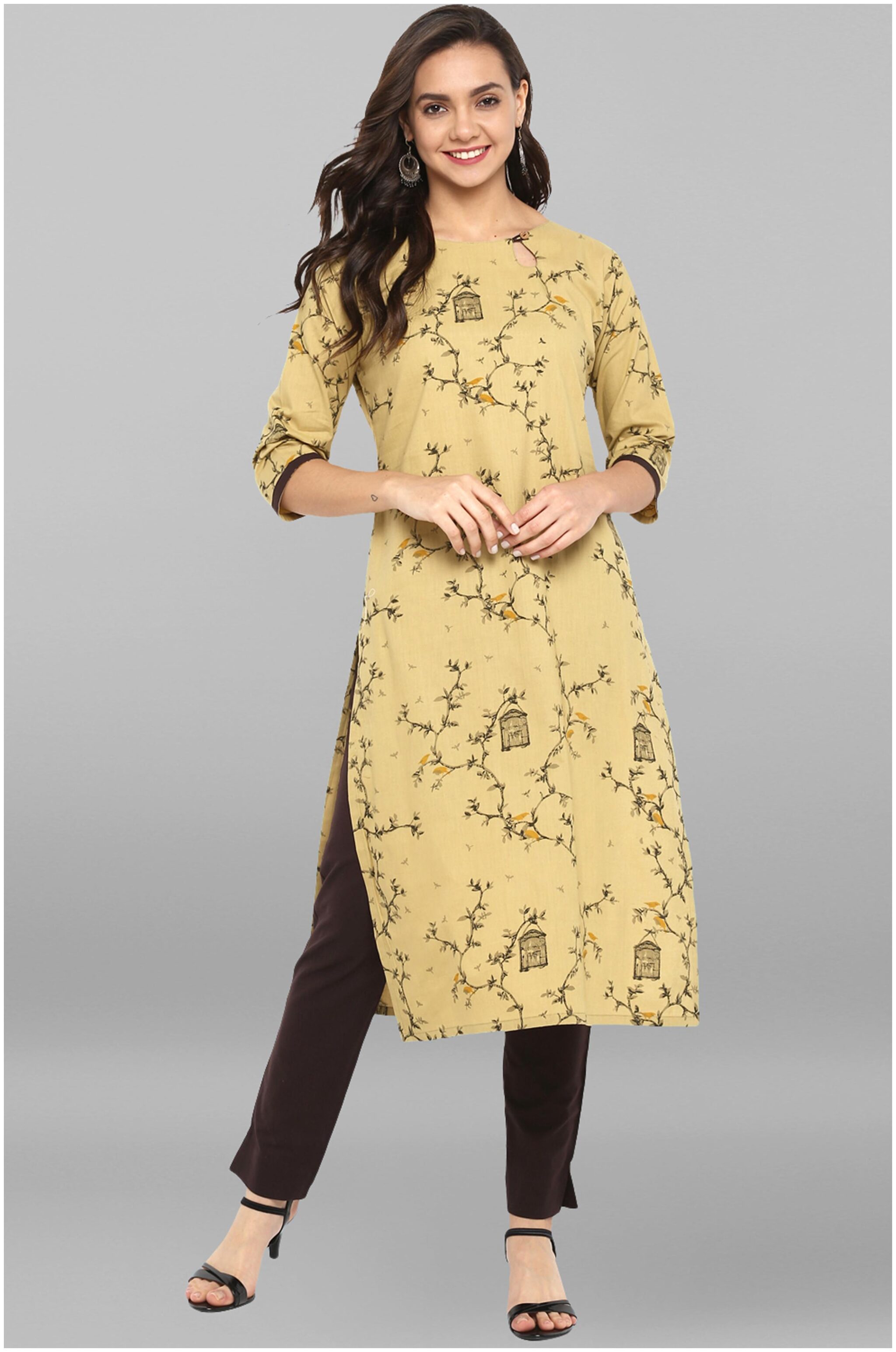 

Janasya Women Beige Brown Printed Straight Kurta With Pants