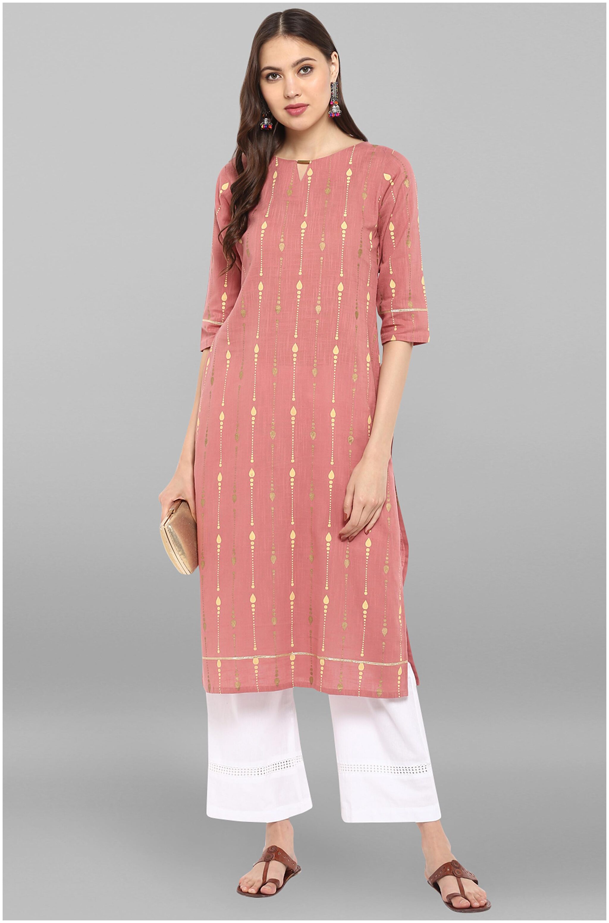 

Janasya Women Pink Printed Straight Kurta With Palazzo