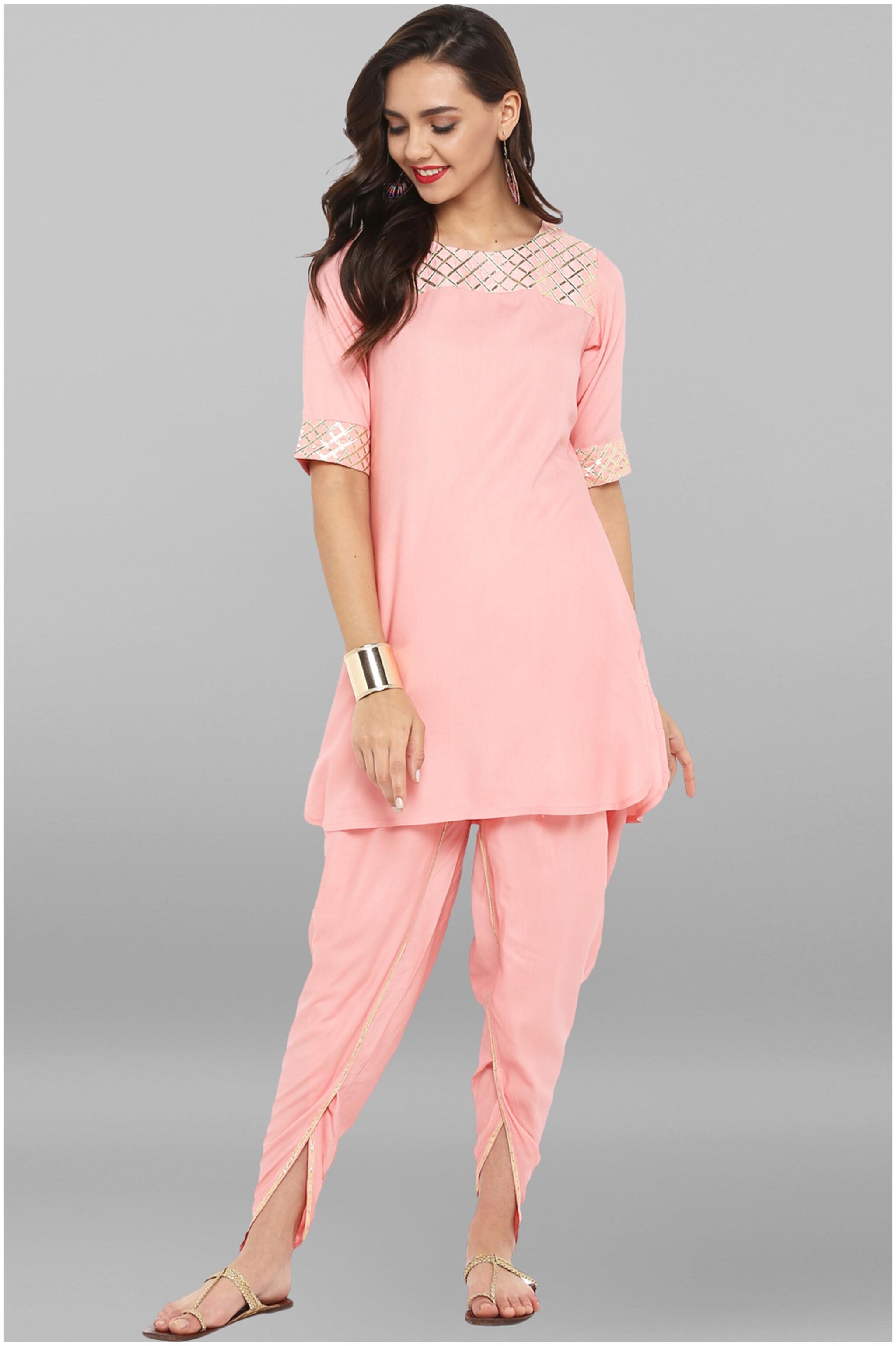 

Janasya Women Pink Printed Straight Kurta With Dhoti Pants
