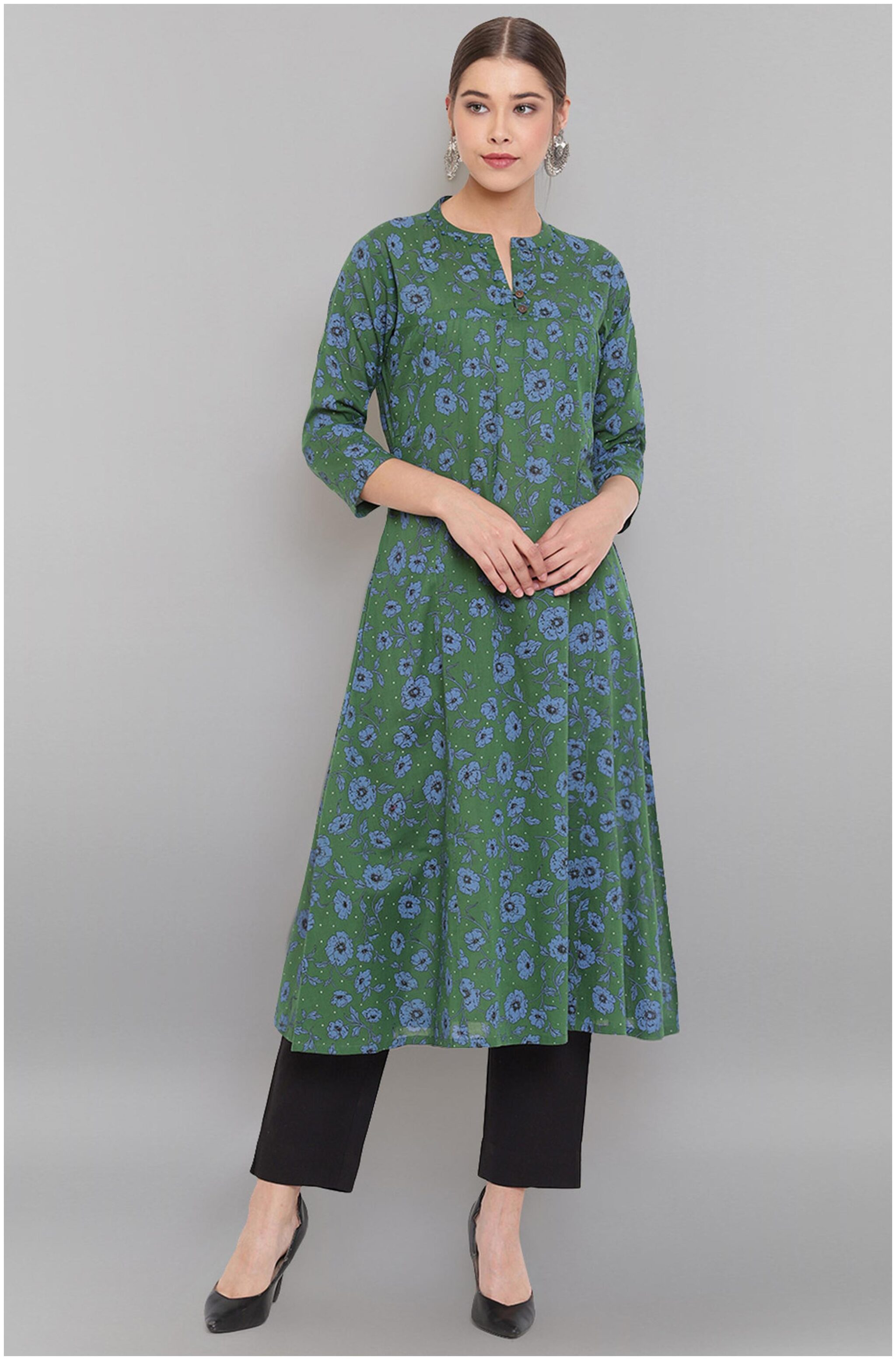 

Janasya Women Green Floral Regular Kurta
