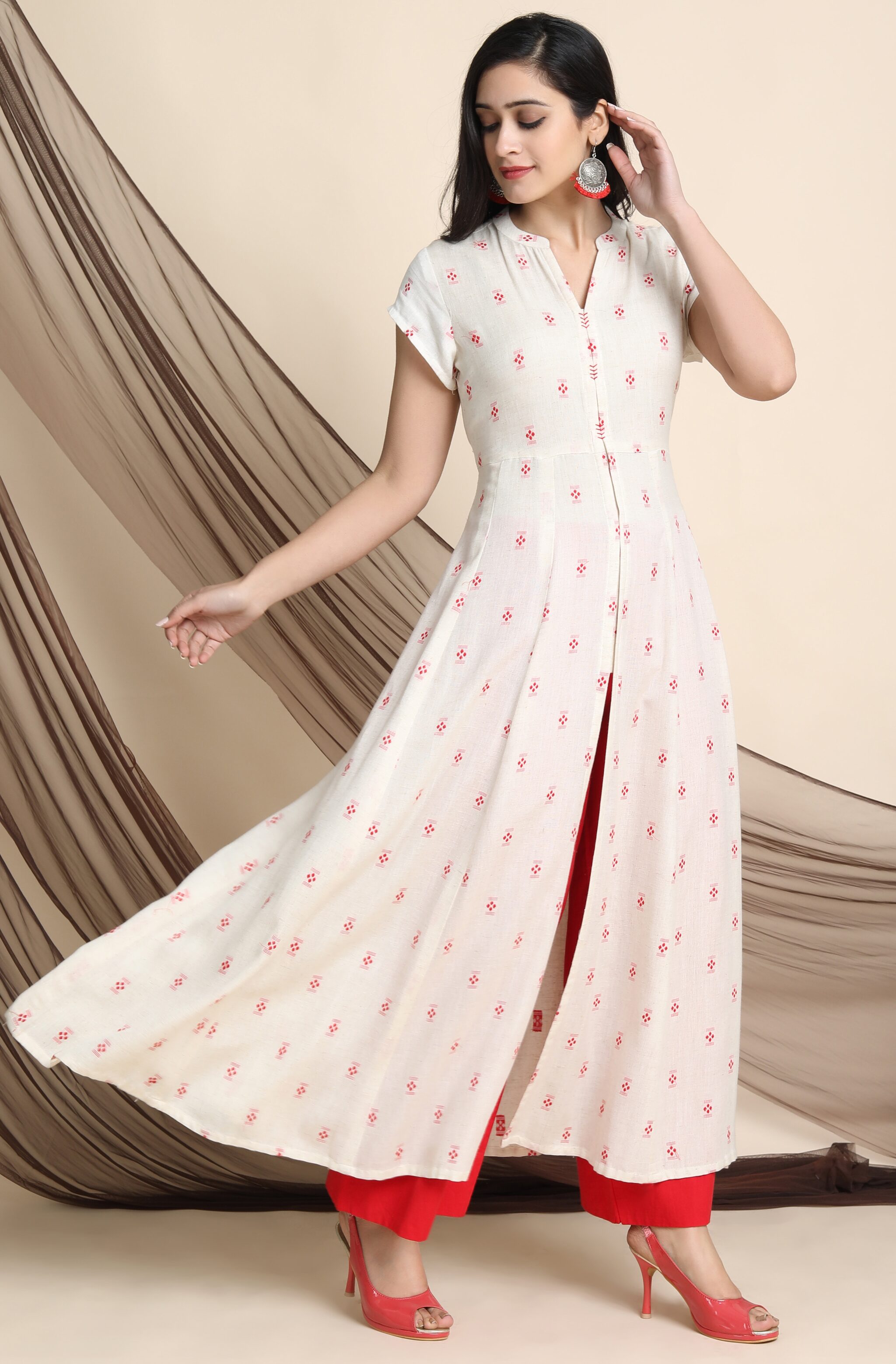 

Janasya Women Cream Ethnic Motifs Anarkali Kurta With Palazzo