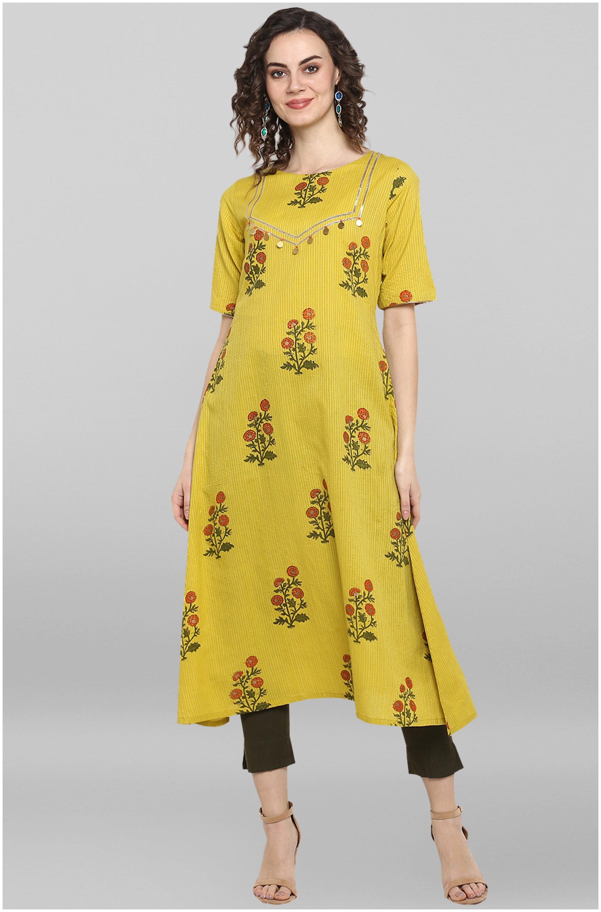 

Janasya Women Lemon yellow Pure Cotton Kurta