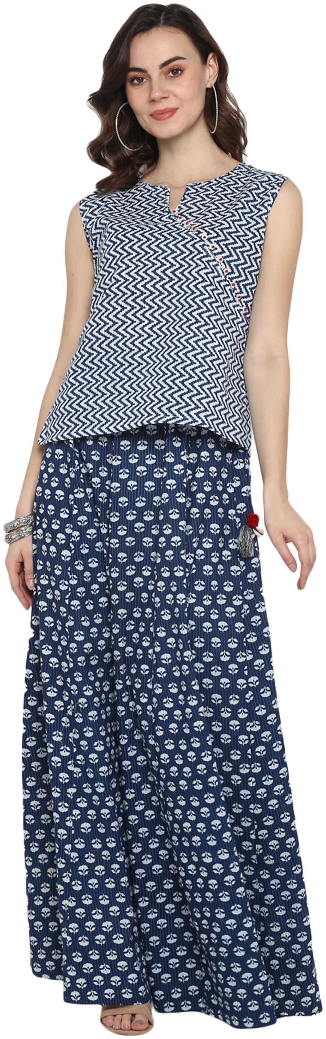 

Janasya Women Cotton Geometric Blue Top With Skirt