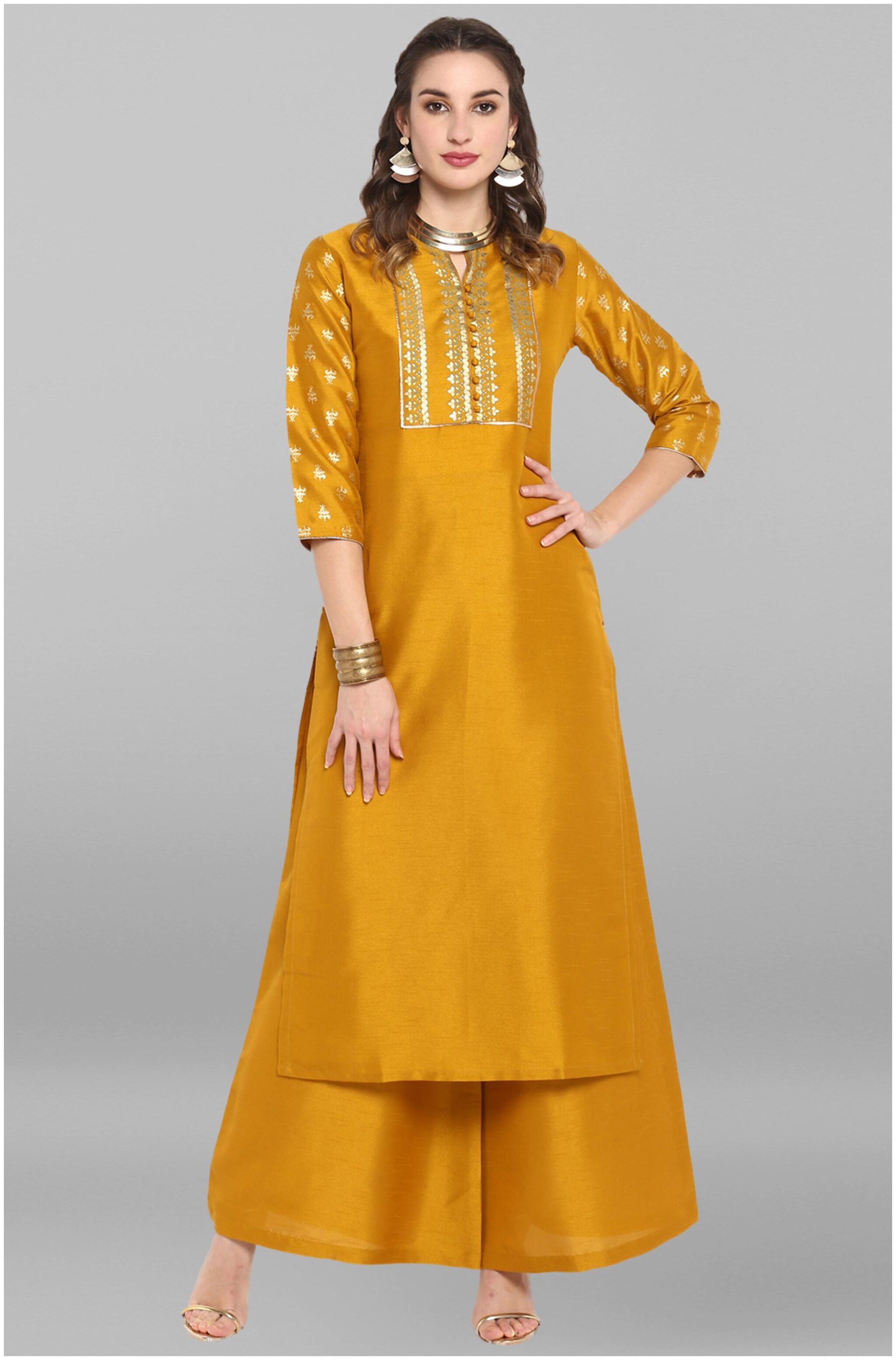 

Janasya Women Mustard Poly Silk Kurta With Palazzo