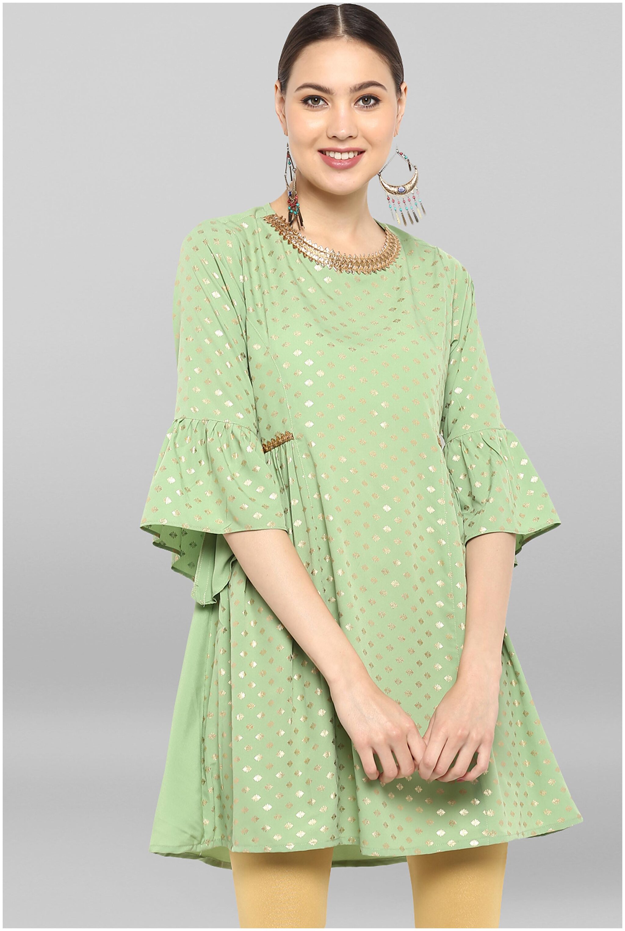 

Janasya Women s Green Poly Crepe Sharara Style Kurti
