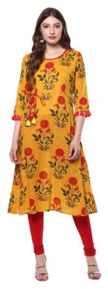 

Janasya Women Yellow Cotton A-Line Floral Print Kurta