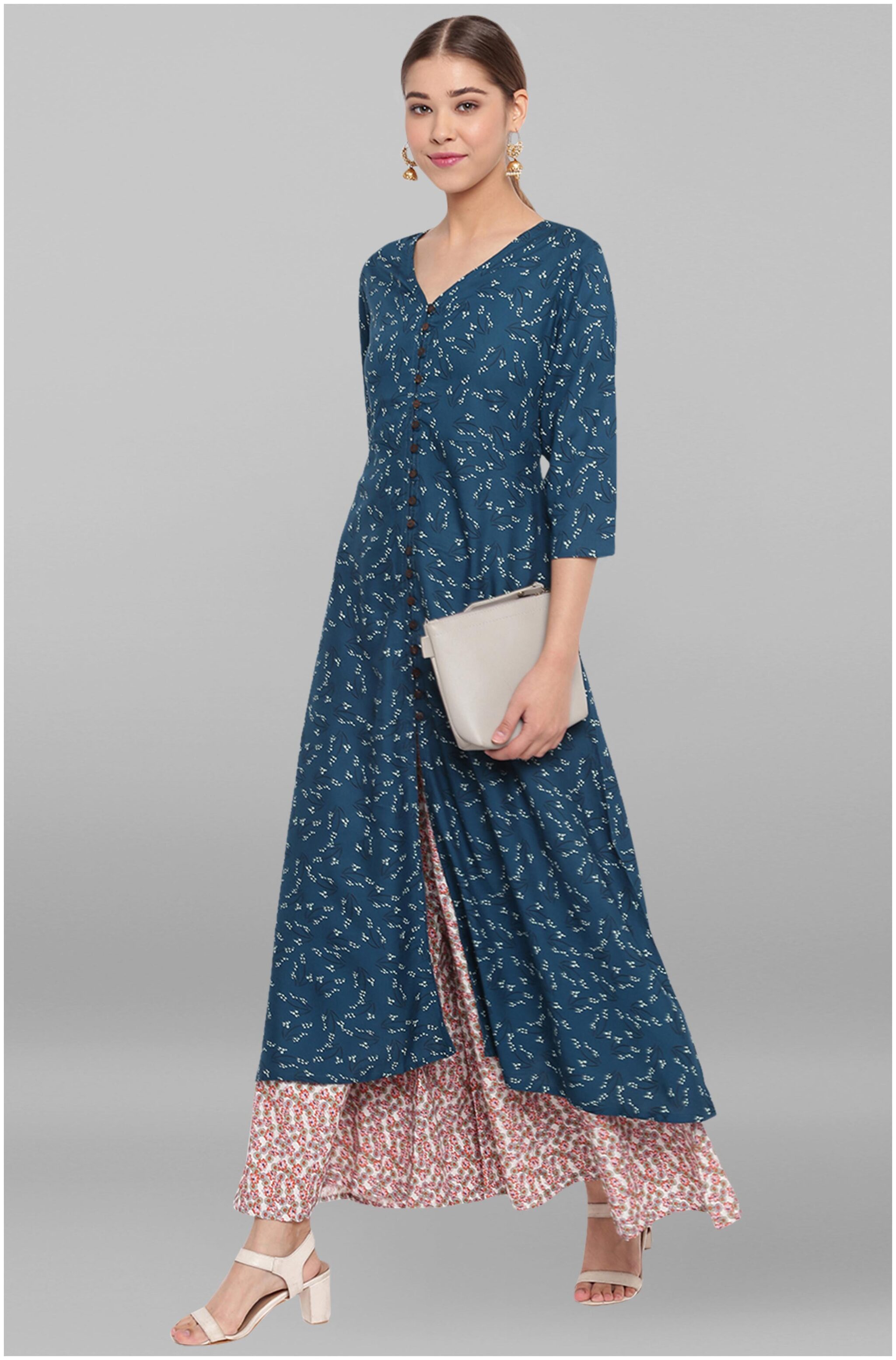 

Janasya Women s Blue Rayon Kurta With Palazzo Printed