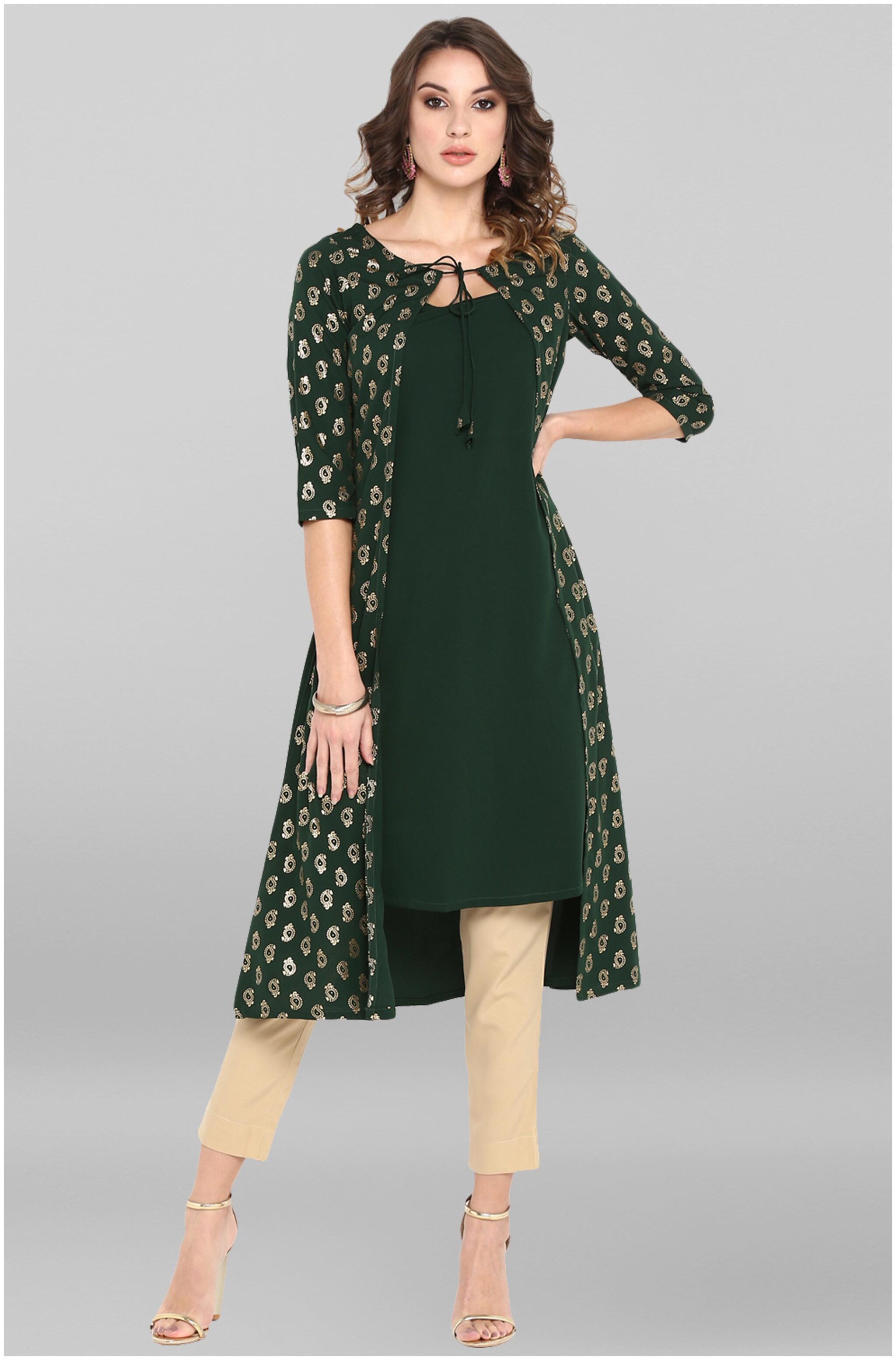 

Janasya Women Dark Green Poly Crepe Kurta With Attached Jacket